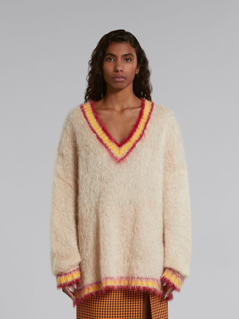 TAN MOHAIR JUMPER WITH STRIPED TRIMS - 2