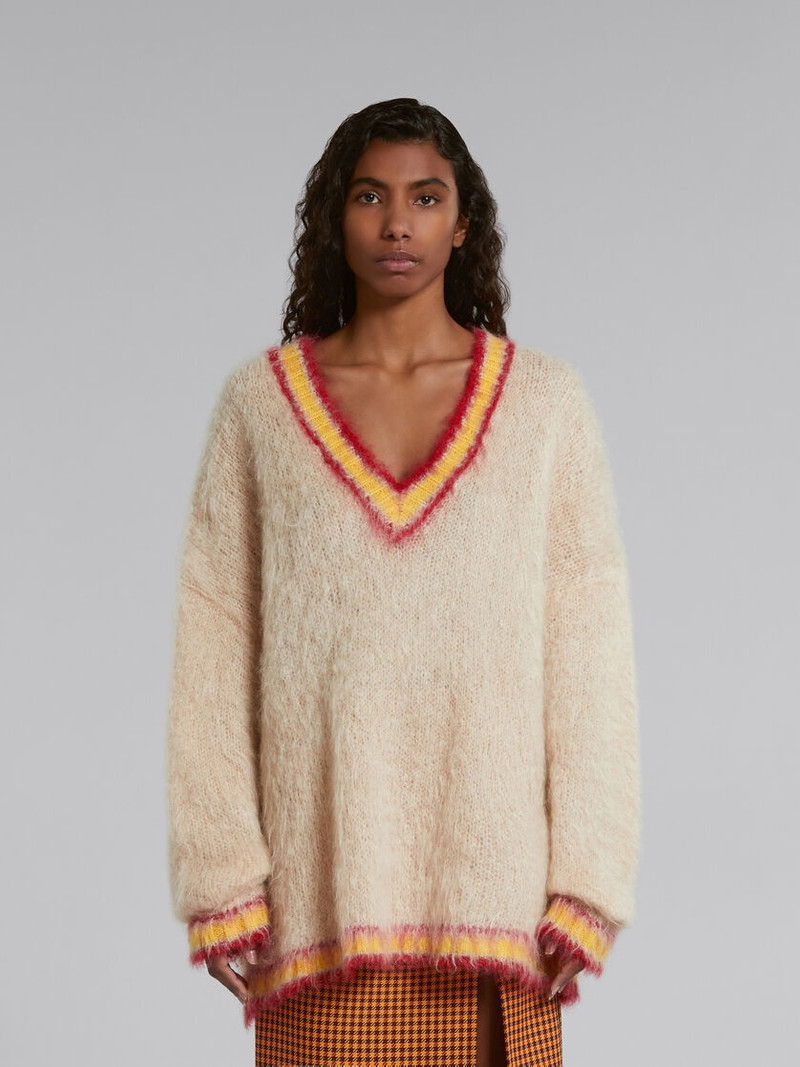 Marni TAN MOHAIR JUMPER WITH STRIPED TRIMS outlook