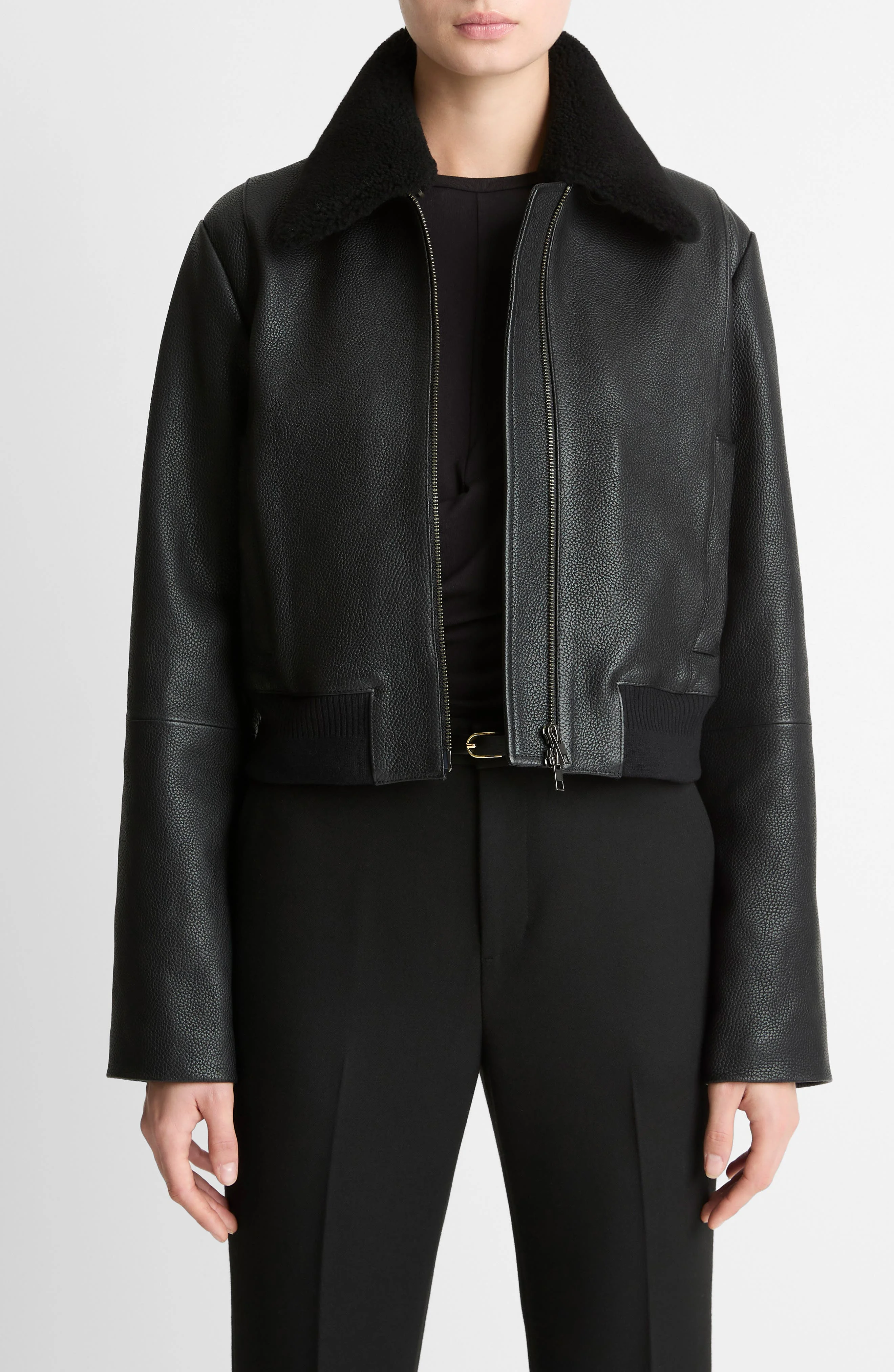 Vince Shrunken Leather Jacket with Genuine Shearling Collar in Black at Nordstrom - 1