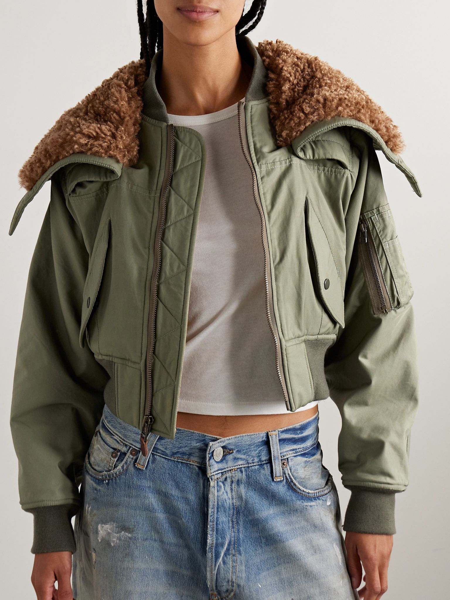 Cropped fleece-trimmed padded cotton-blend shell bomber jacket Sage green - 6