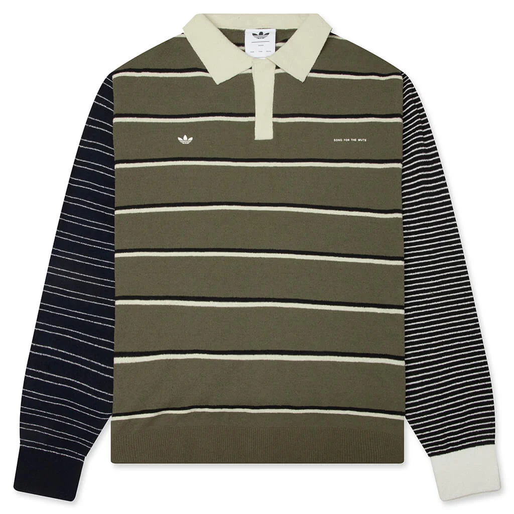 ADIDAS ORIGINALS X SONG FOR THE MUTE 007 LONG SLEEVE POLO - OLIVE STRATA/ALUMINA/BLACK - 1