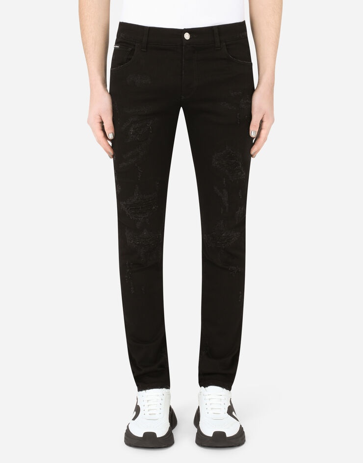 Black slim-fit stretch jeans with repaired rips - 1