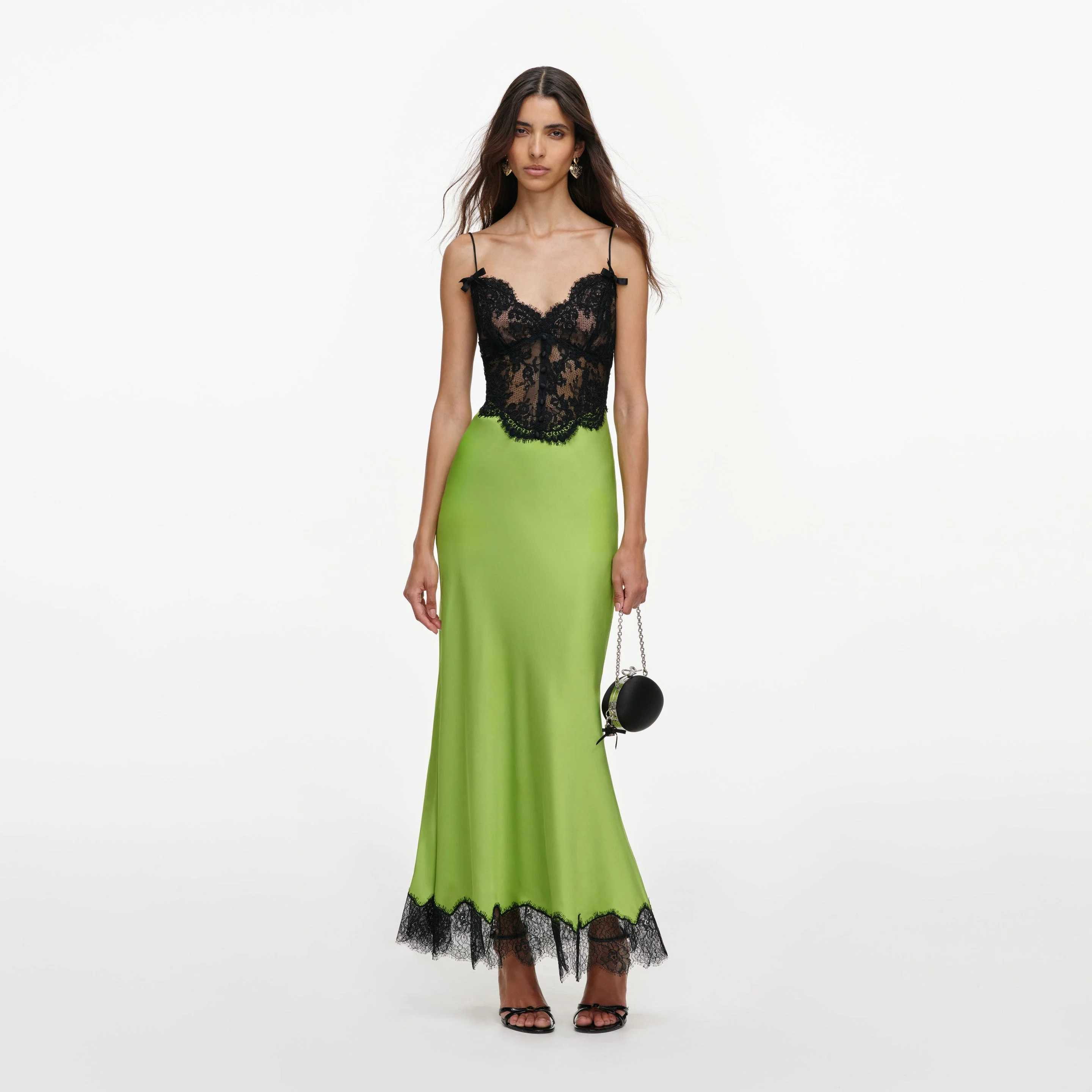 Green Satin Lace Midi Dress - 1