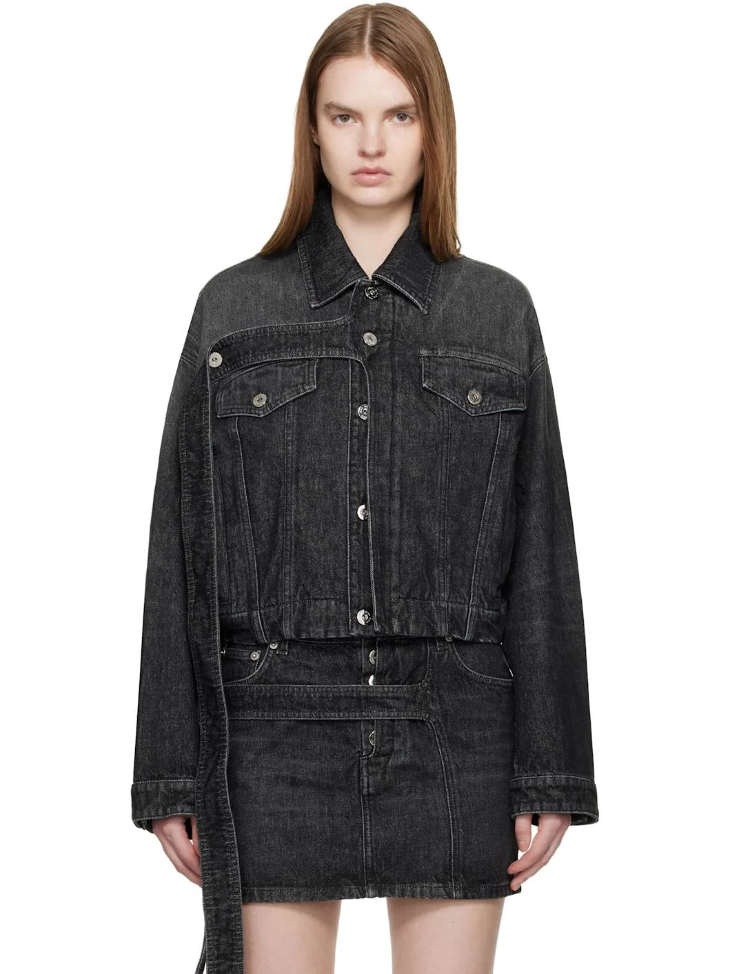Black Oversized Strap Denim Jacket - 1