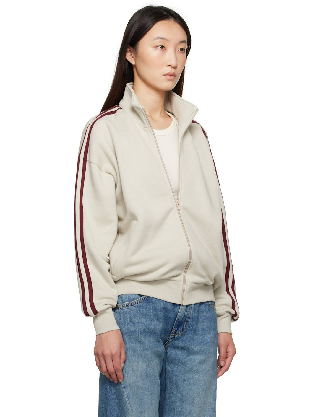 Beige & Burgundy Fleecy Track Zip Up Sweatshirt - 2