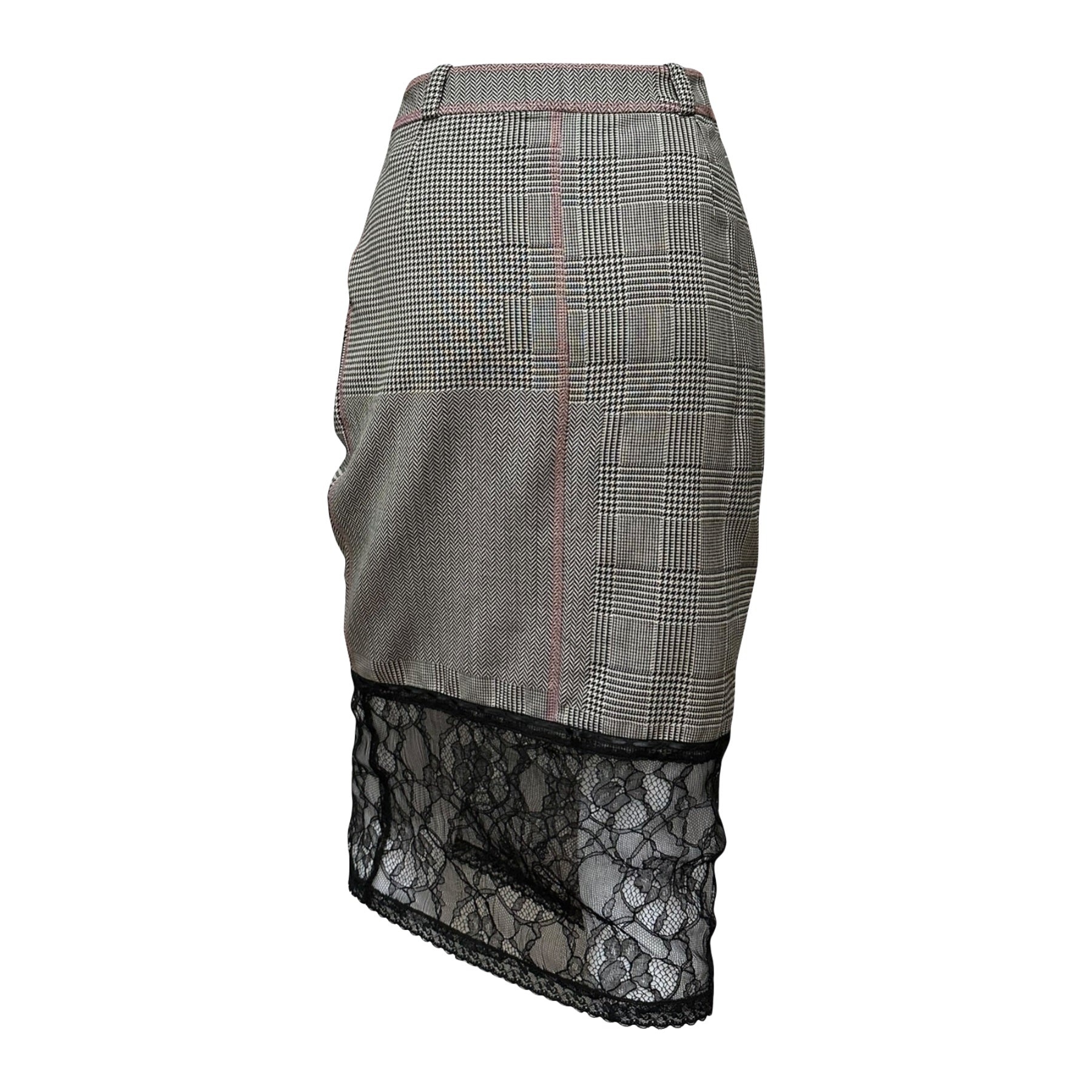 CHRISTIAN DIOR Spring Summer 2005 Houndstooth Print Lace Trim Midi Skirt - 2