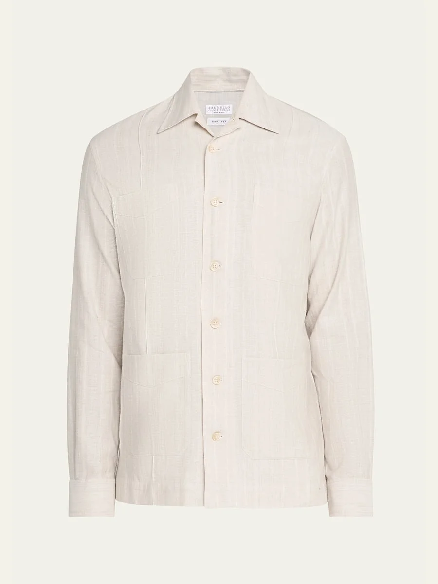 Men's Cotton and Linen Stripe Button-Down Shirt - 1