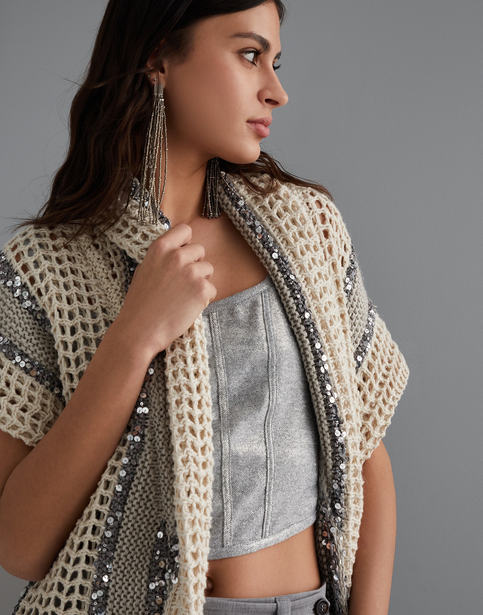 Dazzling stripe net knit cardigan in jute, linen, cotton and silk with belt - 4