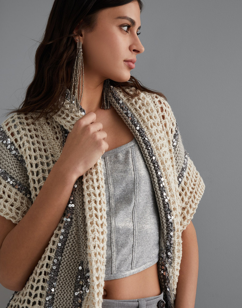 Dazzling stripe net knit cardigan in jute, linen, cotton and silk with belt 4