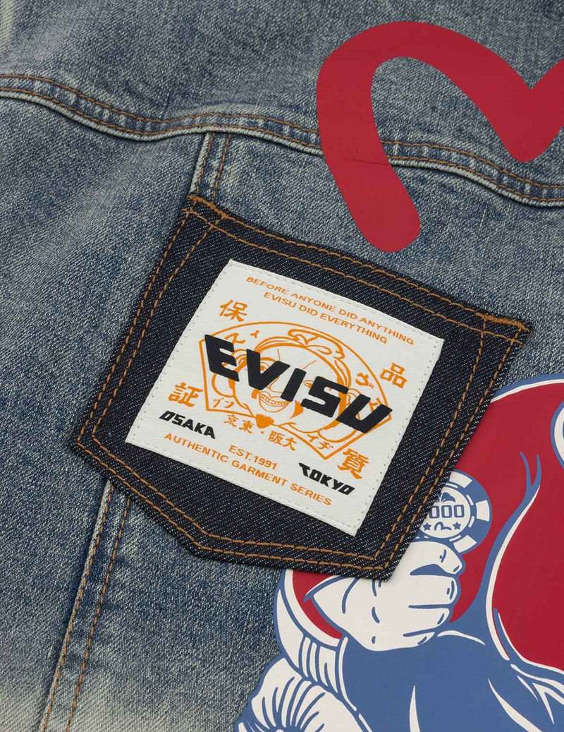 Ebisu Print and Multi-Pocket Loose Fit Biker Denim Jacket 6