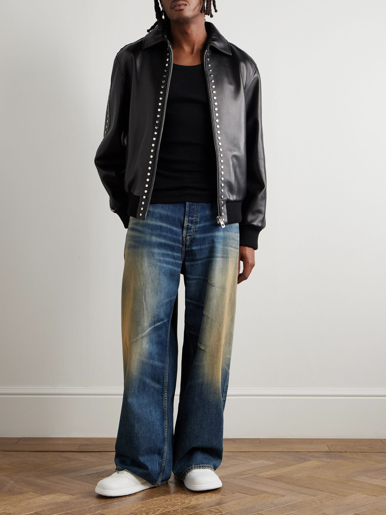 Studded Leather Bomber Jacket Black - 2