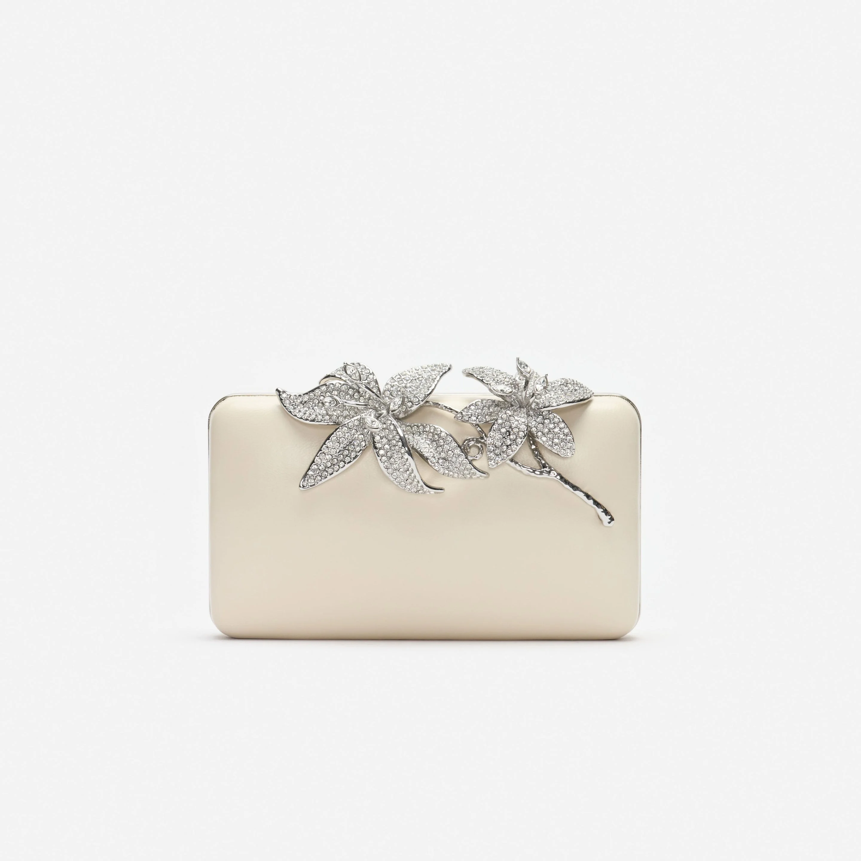 Cream Leather Crystal Flower Clutch Bag - 1