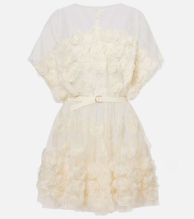 Bridal floral-appliqué belted tulle minidress 1