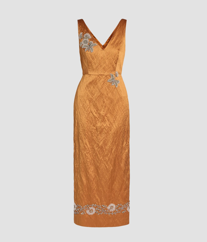 EMBELLISHED TEXTURED SATIN MIDI PENCIL DRESS 1