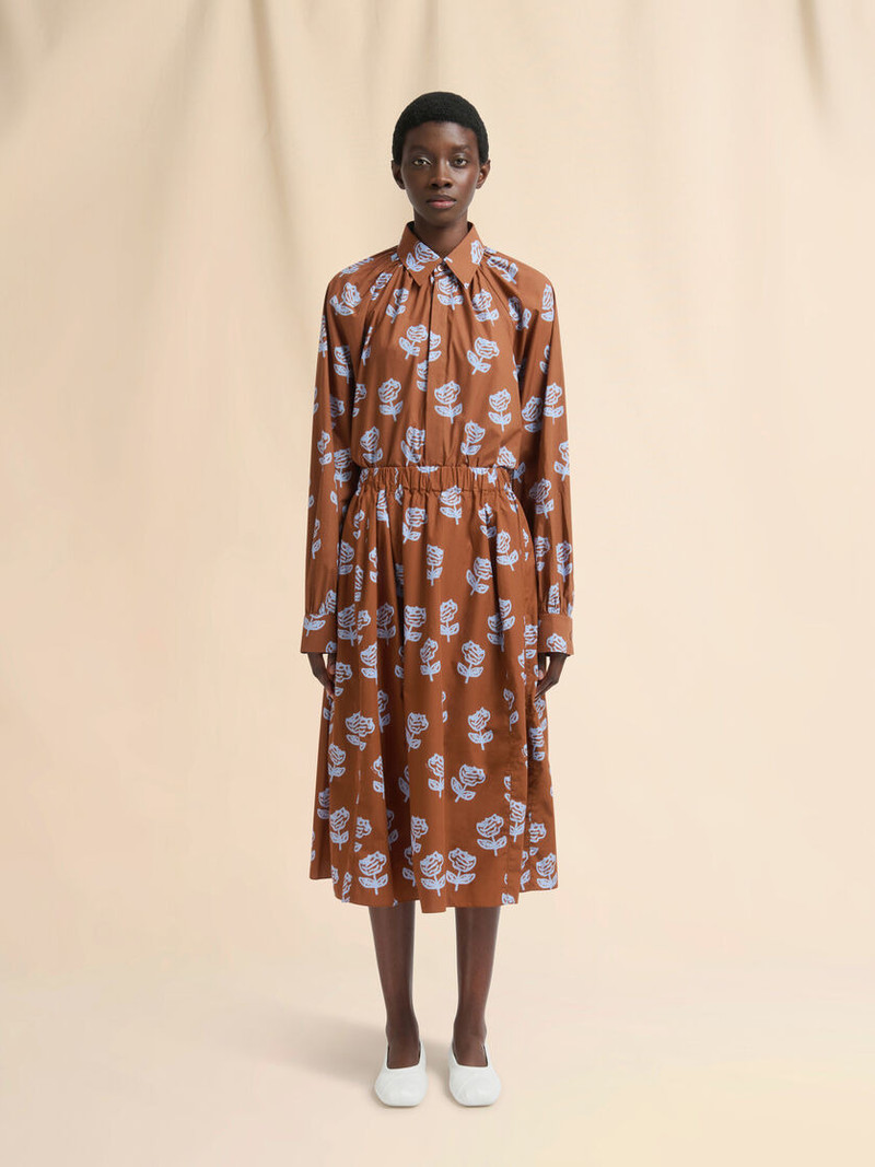 Marni BROWN POPLIN EGG SKIRT WITH SPRAYED ROSES PRINT outlook