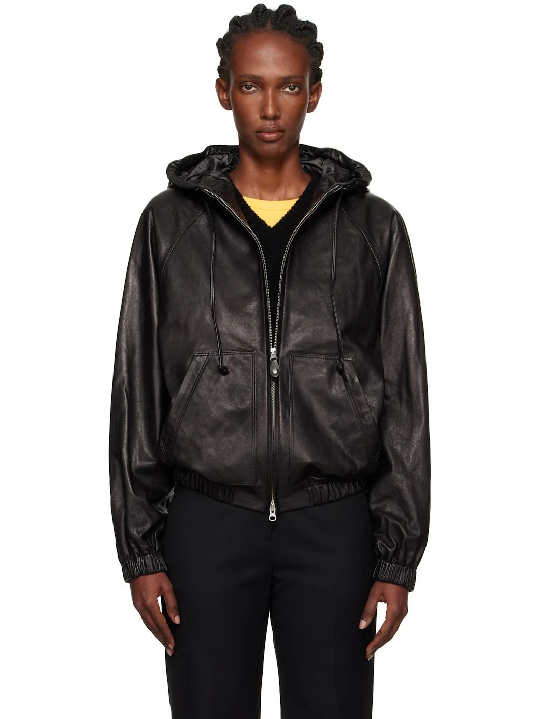 Black Hooded Leather Blouson Jacket - 1