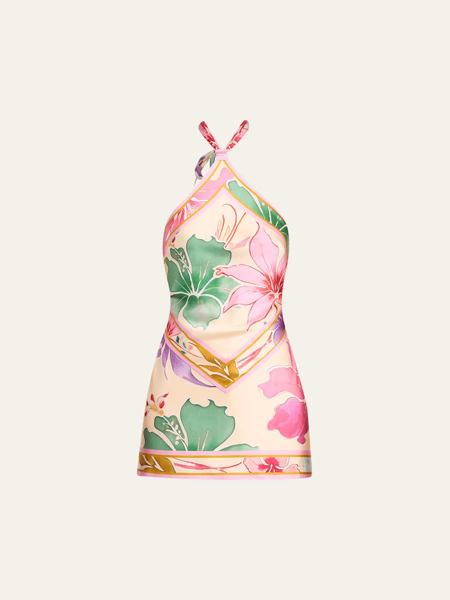 Adelaide Floral Silk Knotted Halter Overlay Mini Dress - 1