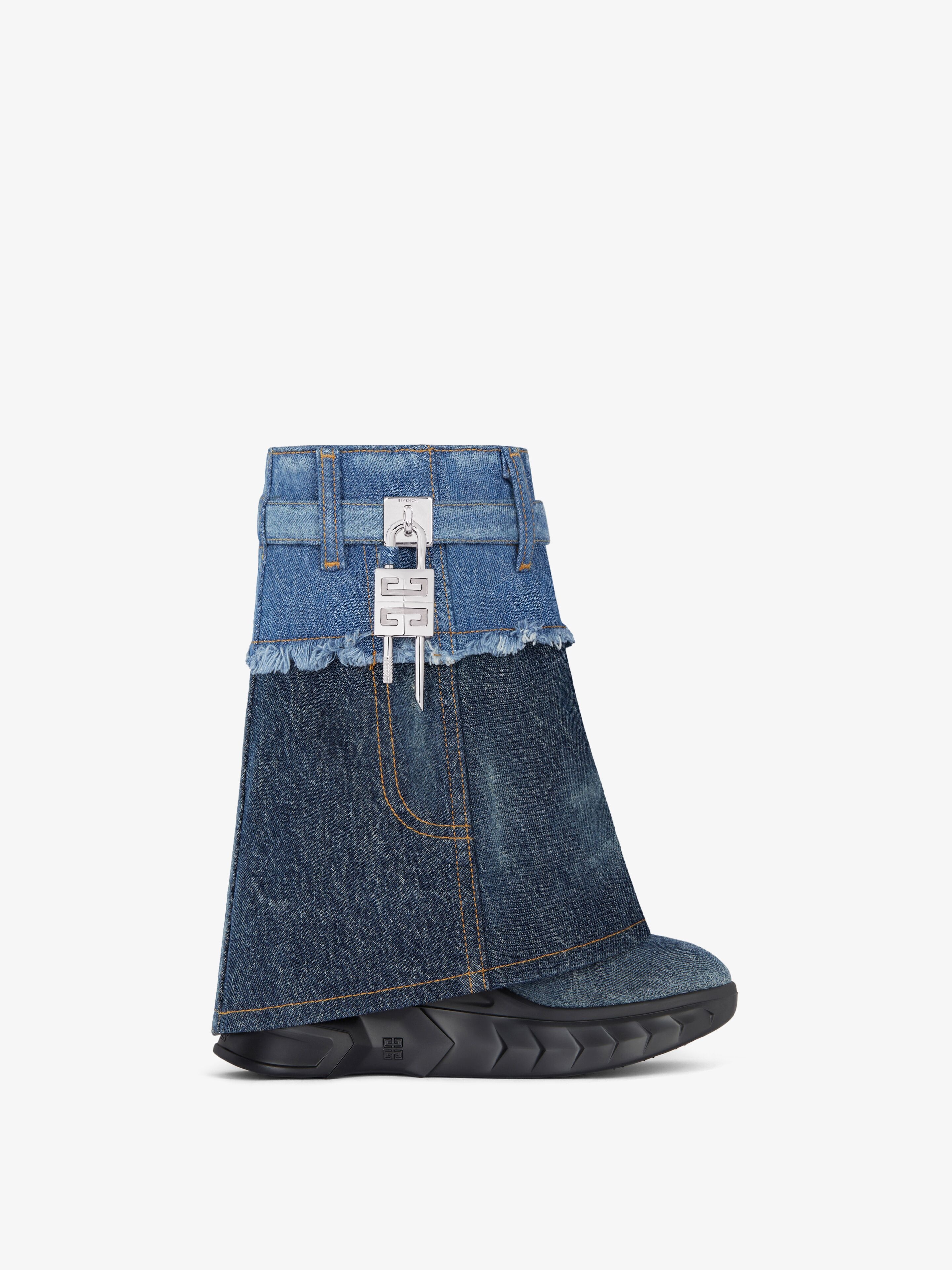 SHARK LOCK BIKER ANKLE BOOTS IN BICOLOR WASHED DENIM - 1