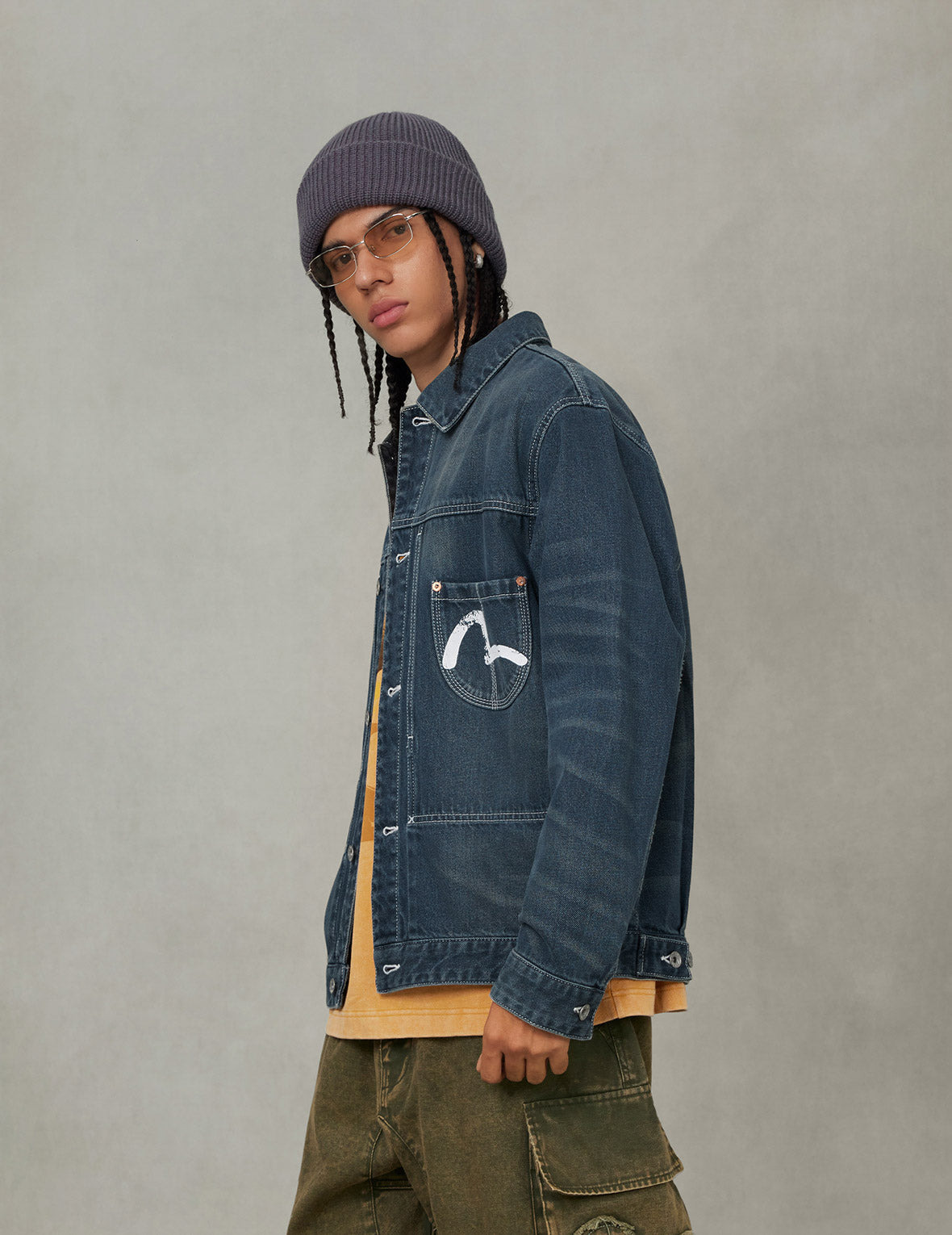 Distressed Seagull Print Relax Fit Washed Seagull Pocket Denim Jacket - 7