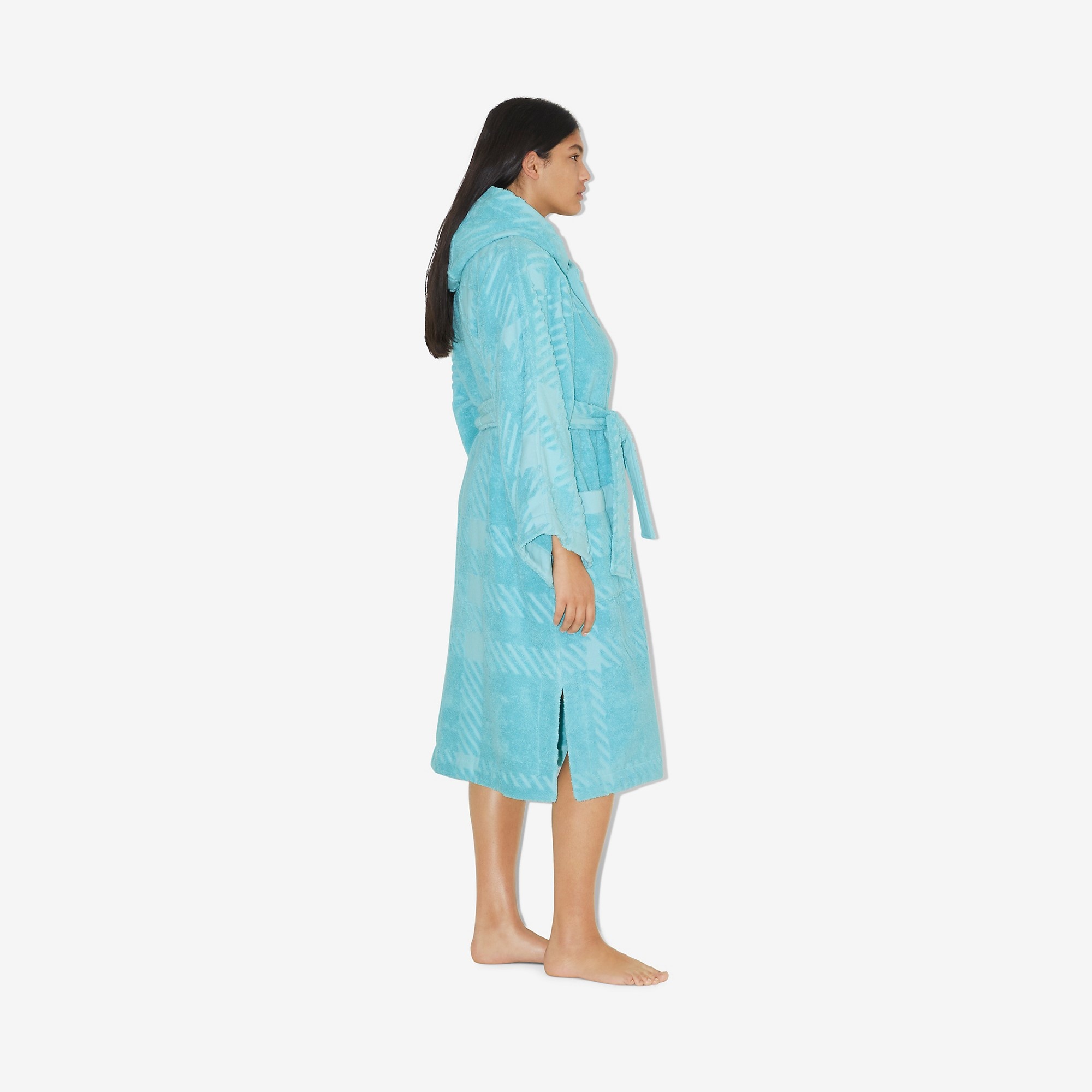 Check Cotton Jacquard Hooded Robe - 3