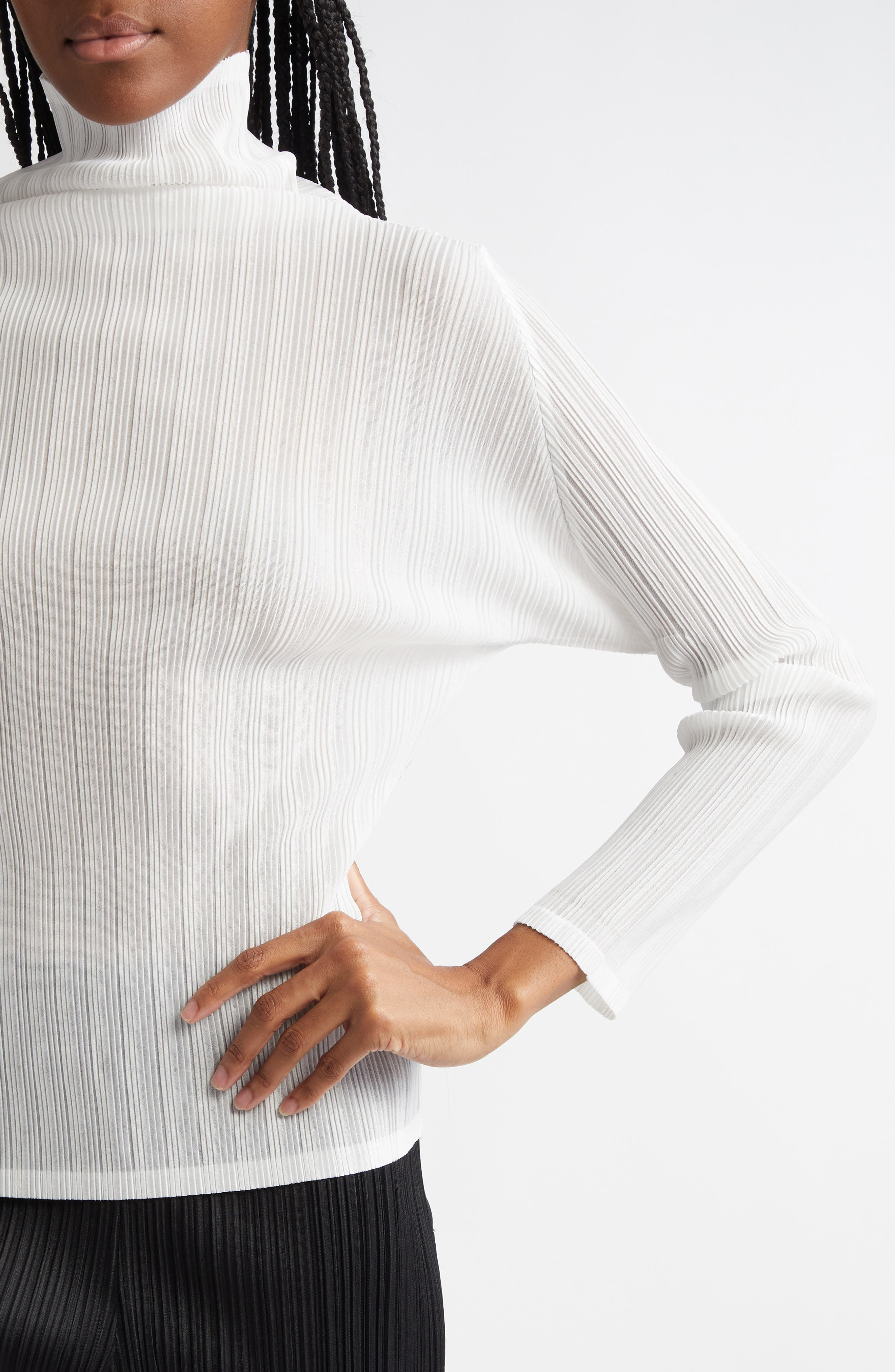 Pleats Please Issey Miyake Pleated Long Sleeve Turtleneck in White at Nordstrom - 4