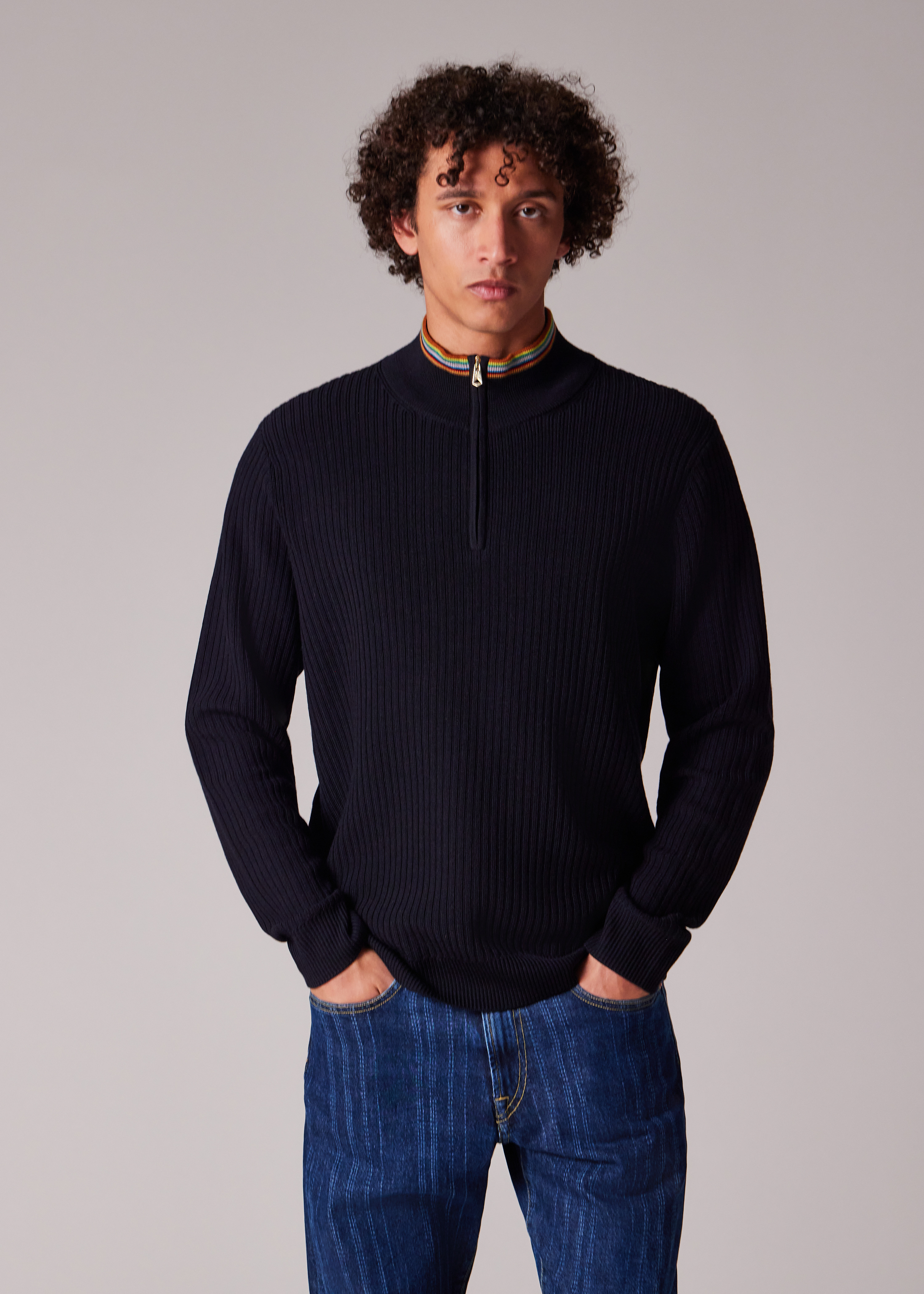 Navy Washable Merino Wool 'Signature Stripe' Half Zip Sweater - 3