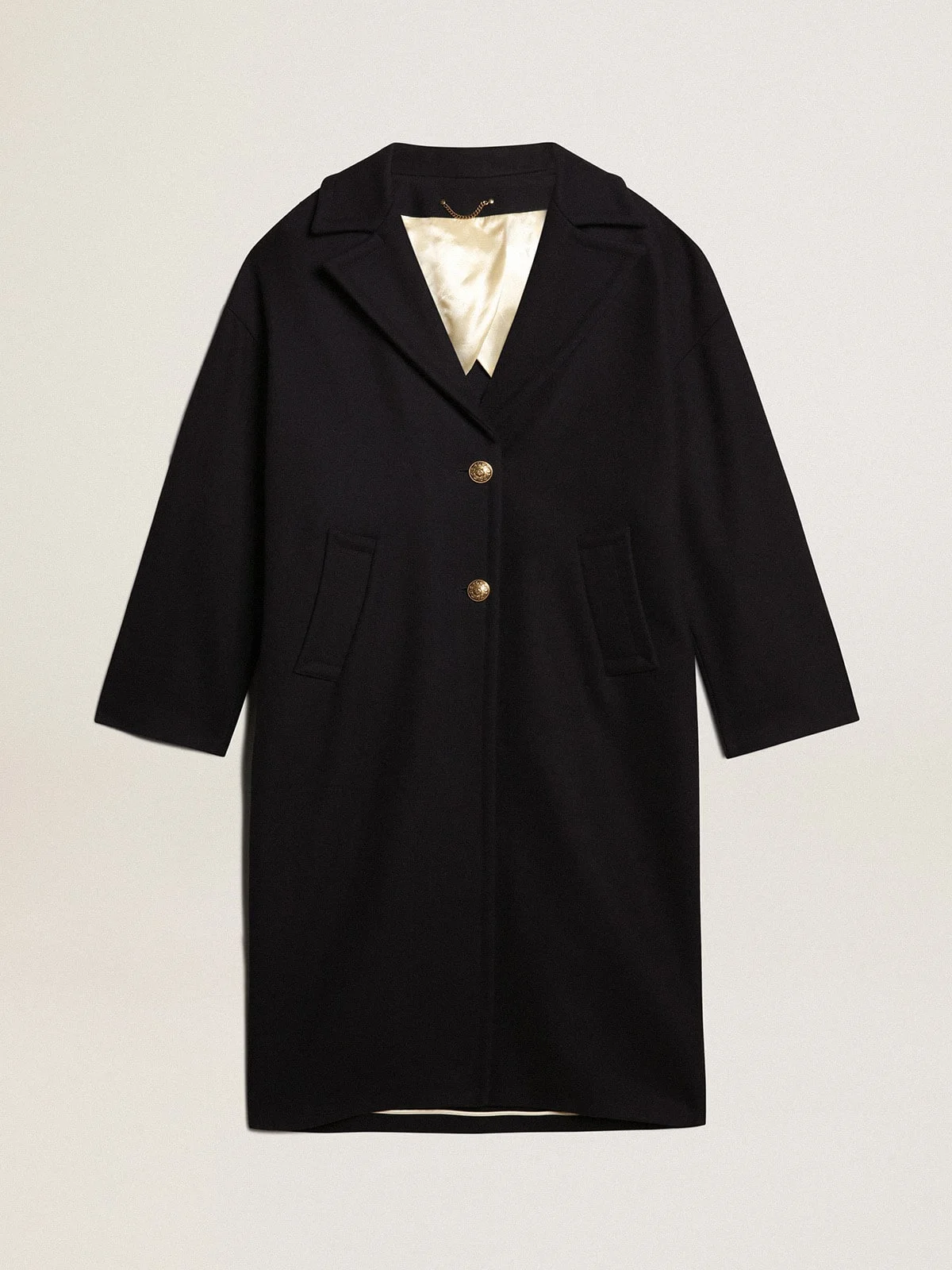 Women's single-breasted cocoon coat in dark blue wool with gold button - 1