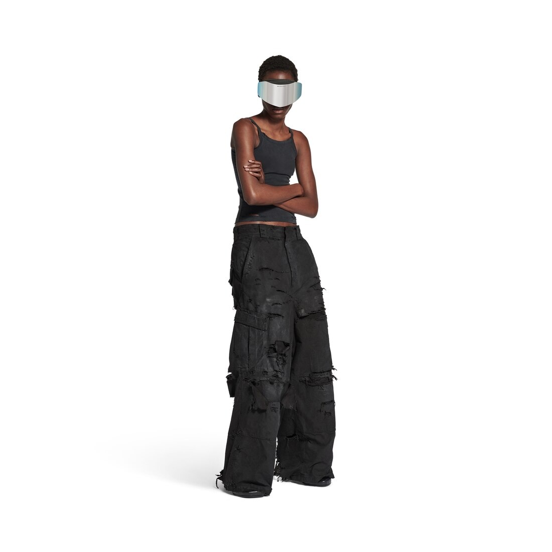 Men's Distressed Large Cargo Pants in Black - 4