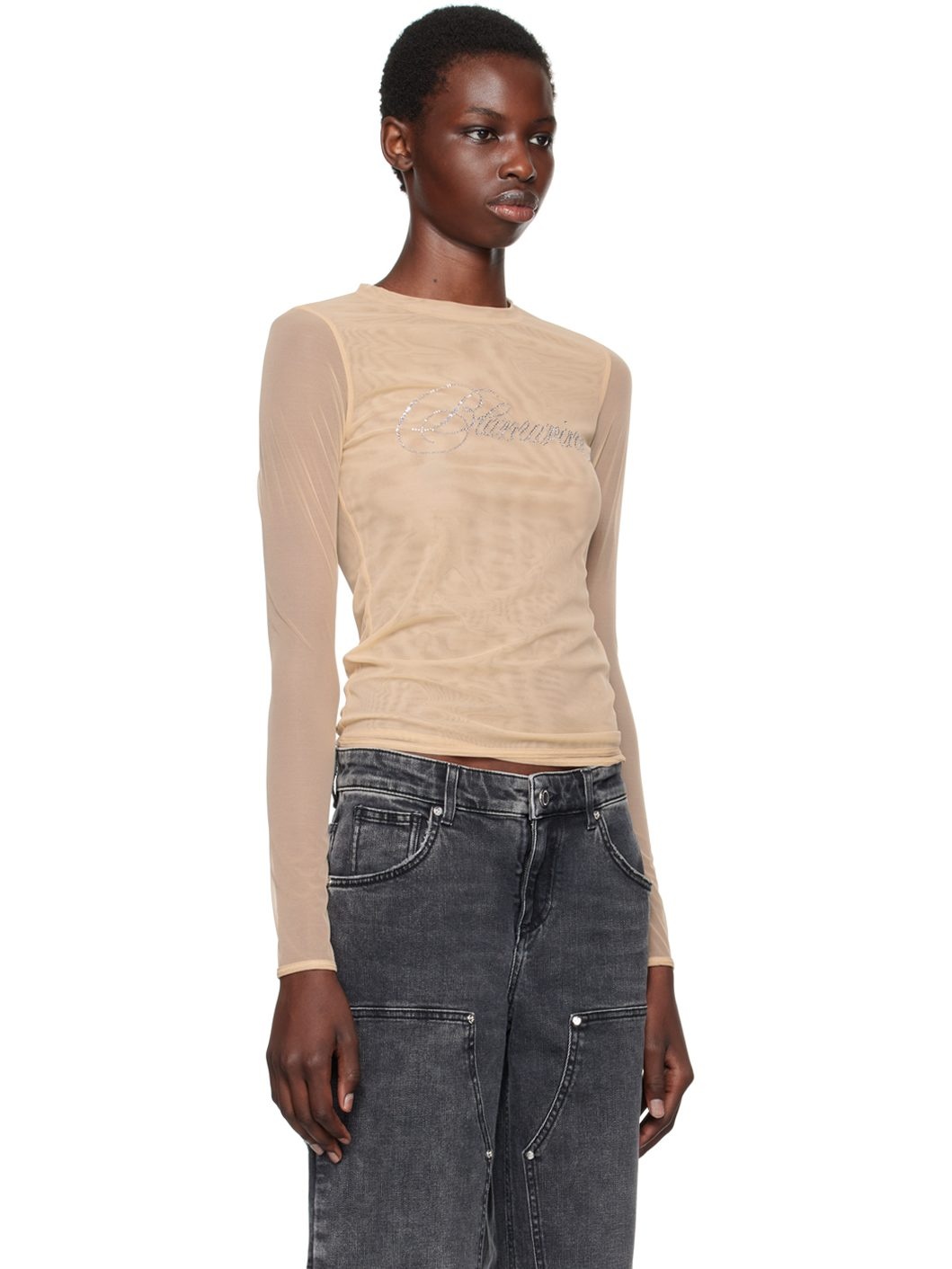 Beige Embroidery Rhinestone Long Sleeve T-Shirt - 2