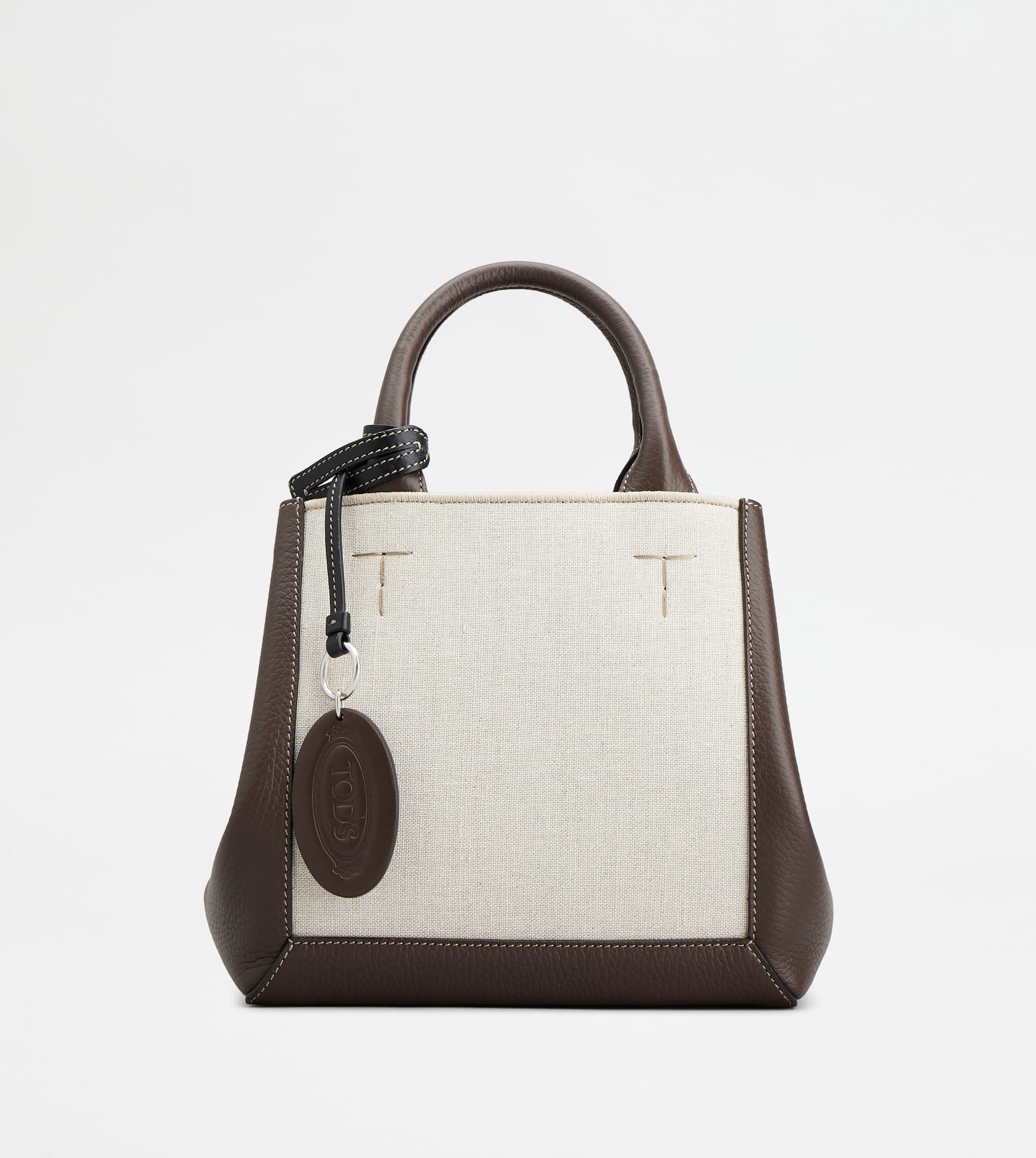 TOD'S DOUBLE UP SHOPPING BAG IN LEATHER AND CANVAS SMALL - BROWN, OFF WHITE - 9