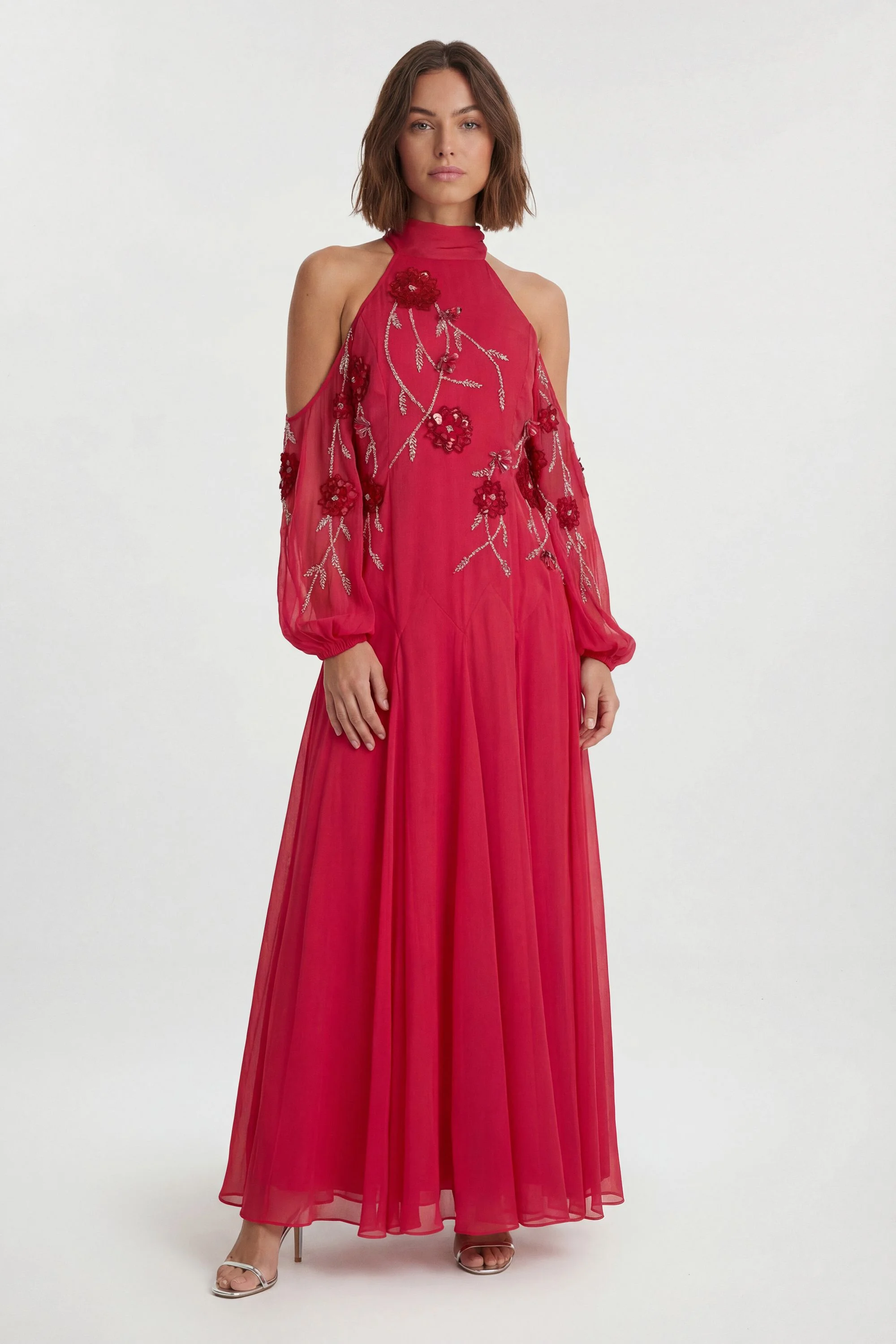 Petite Cold Shoulder 3D Floral Applique Woven Maxi Dress - 1