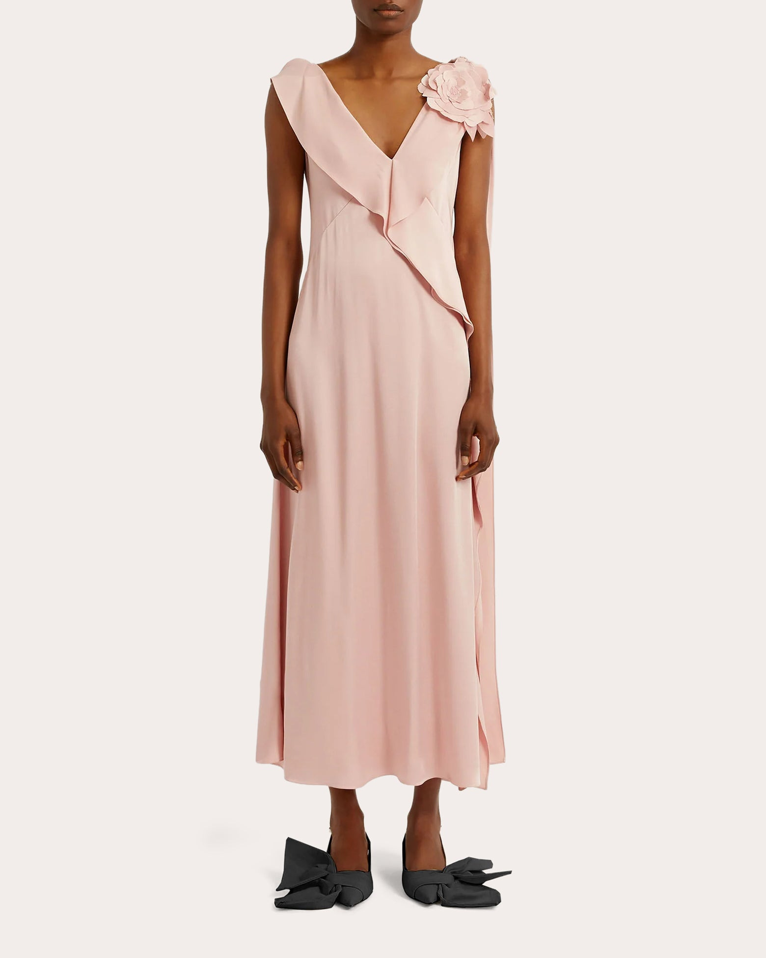 Draped Floral-Appliquéd Satin Midi Dress - 3