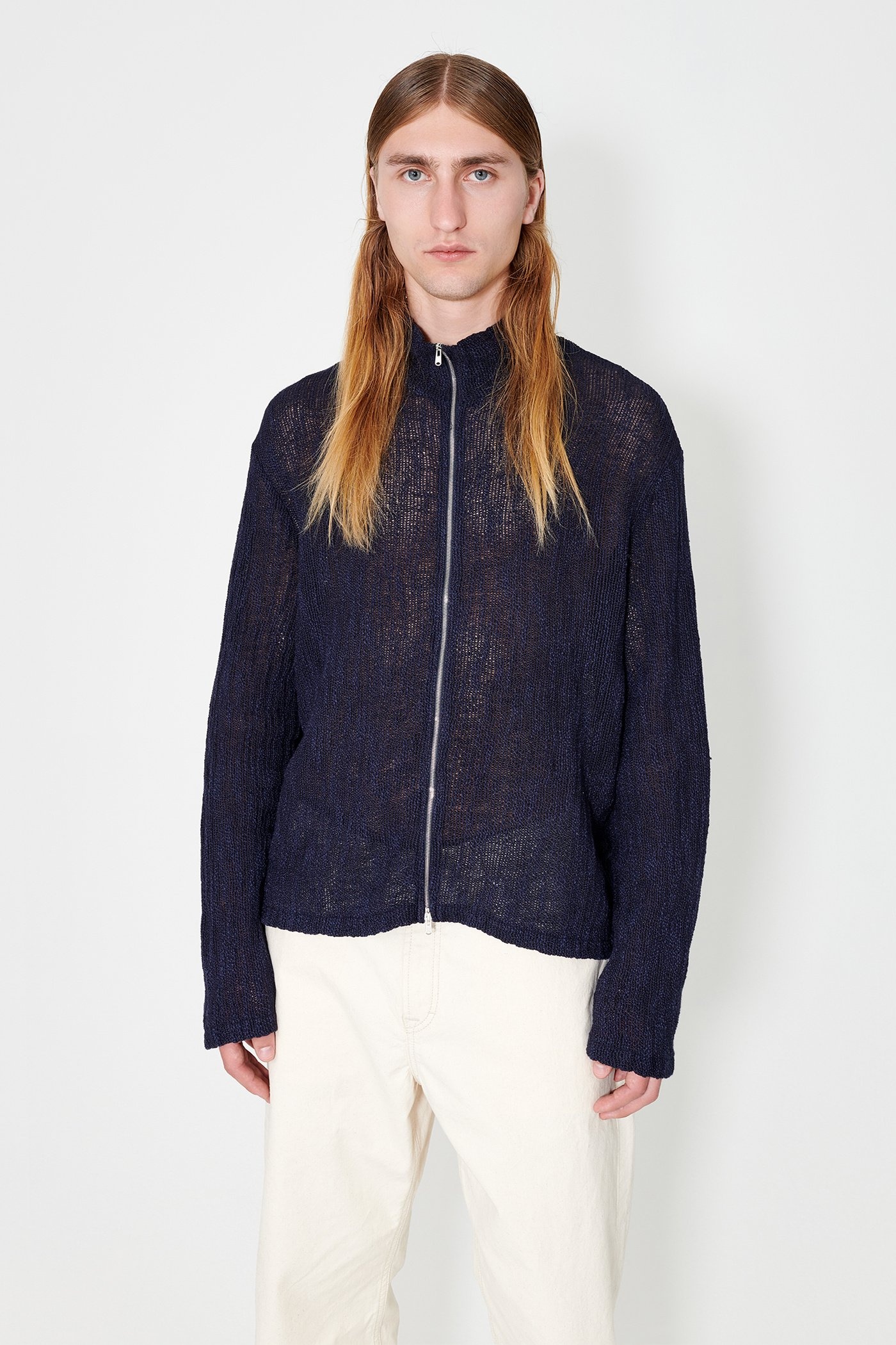Shrunken Full Zip Polo Navy Yawning Linen - 2