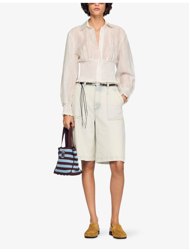 Sandro Long-Sleeved Smocked Linen-Blend Shirt outlook
