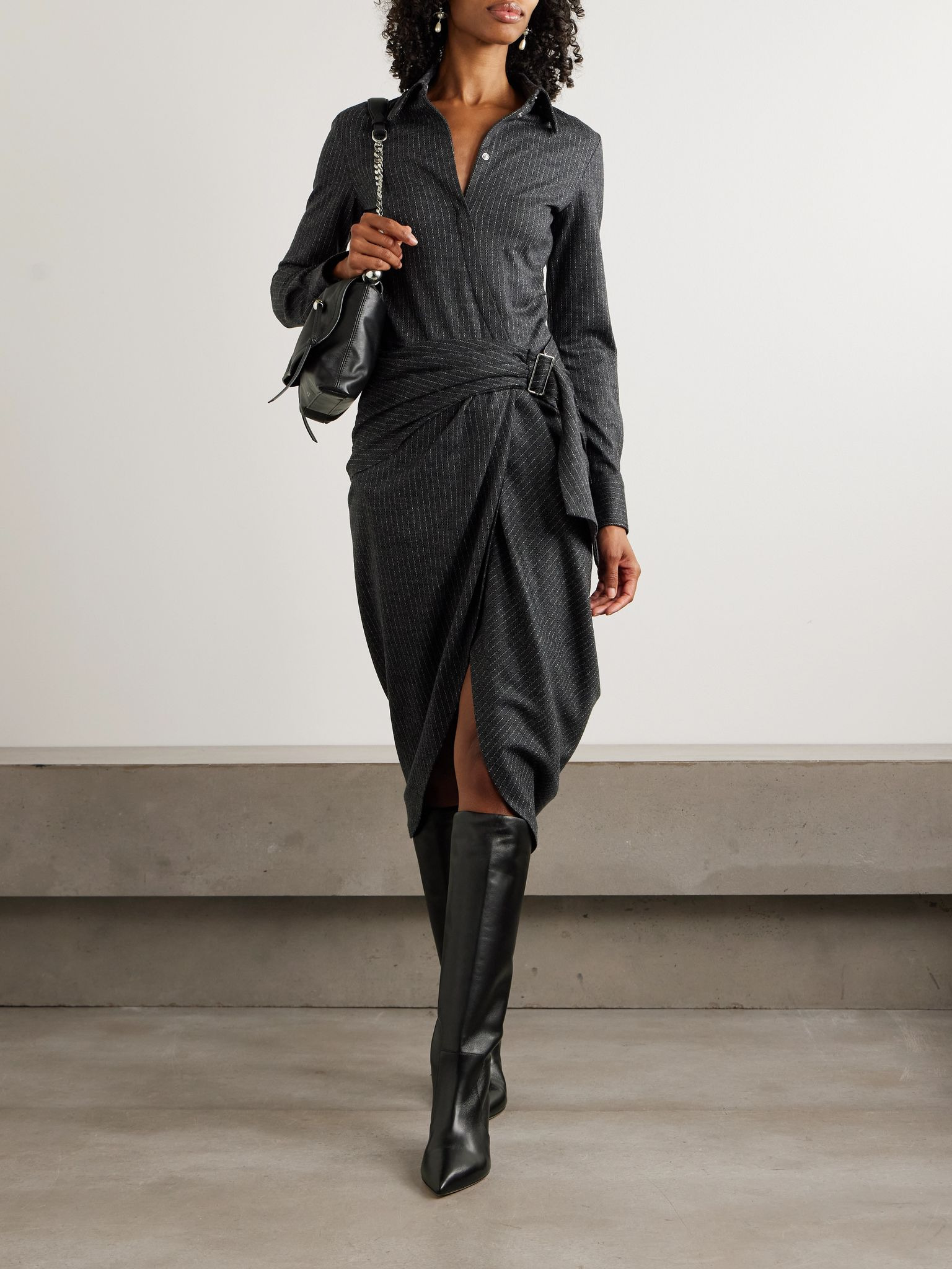 Rosalie draped pinstriped wool and cotton-blend mini dress Dark gray - 2