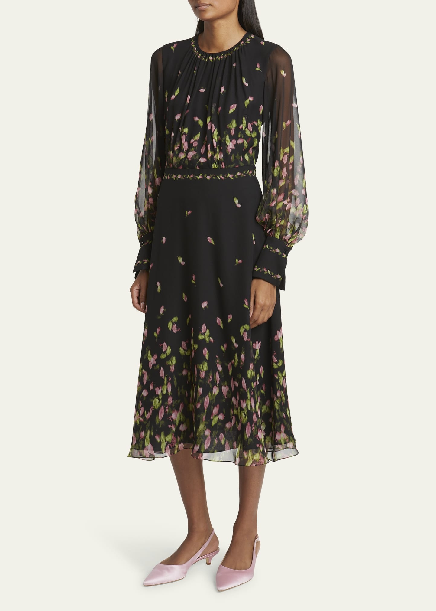 Floral Silk Long-Sleeve Midi Dress - 4