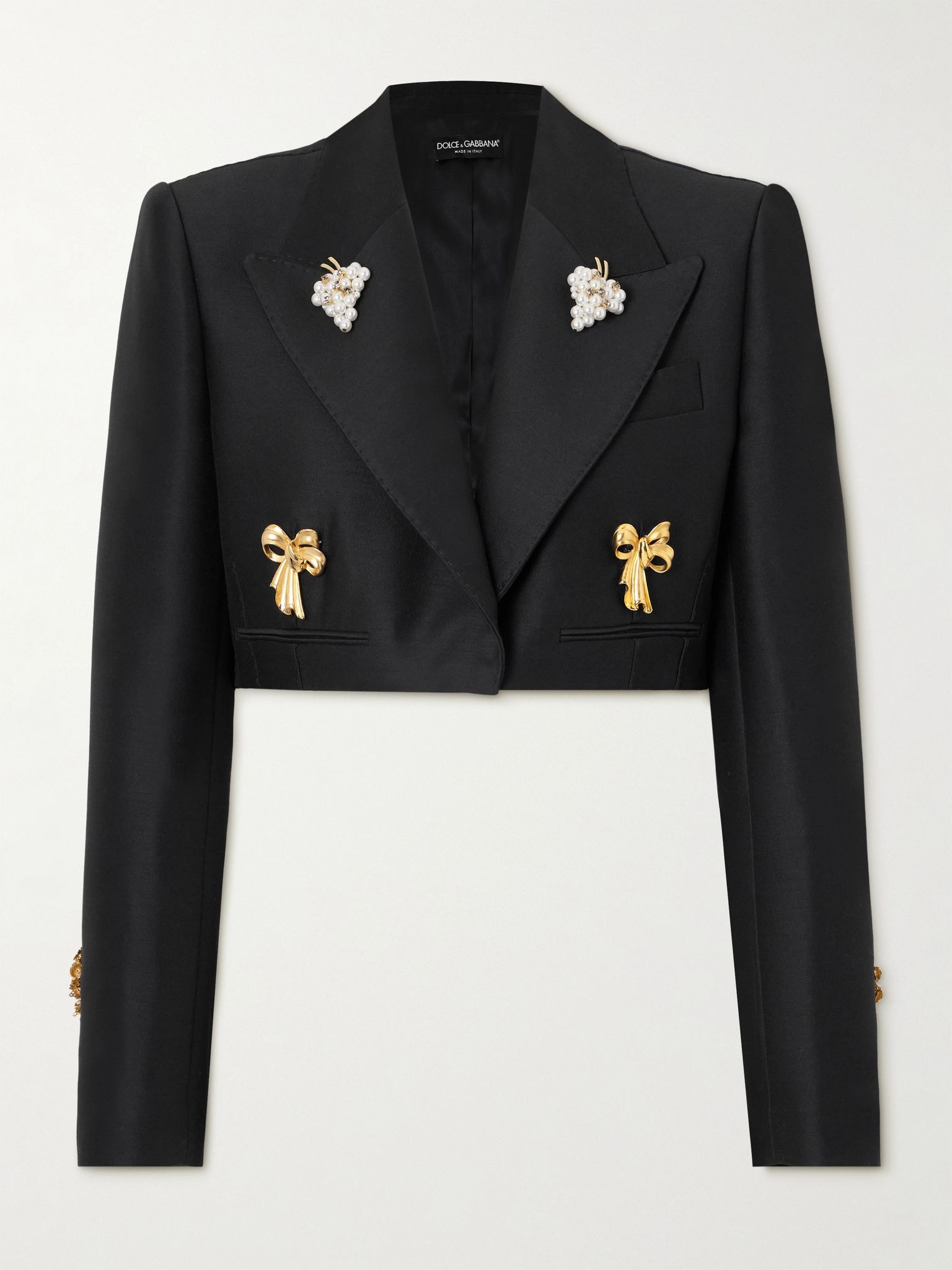 Cropped embellished wool and silk-blend satin blazer Black - 1