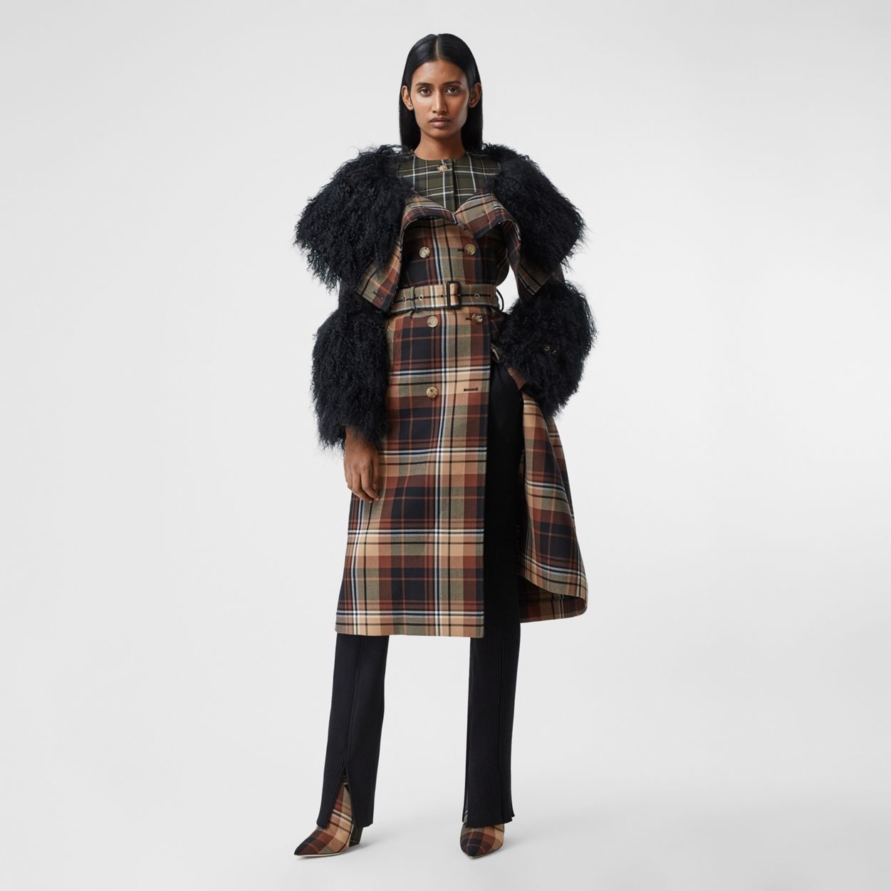 Shearling Trim Contrast Check Wool Trench Coat - 2