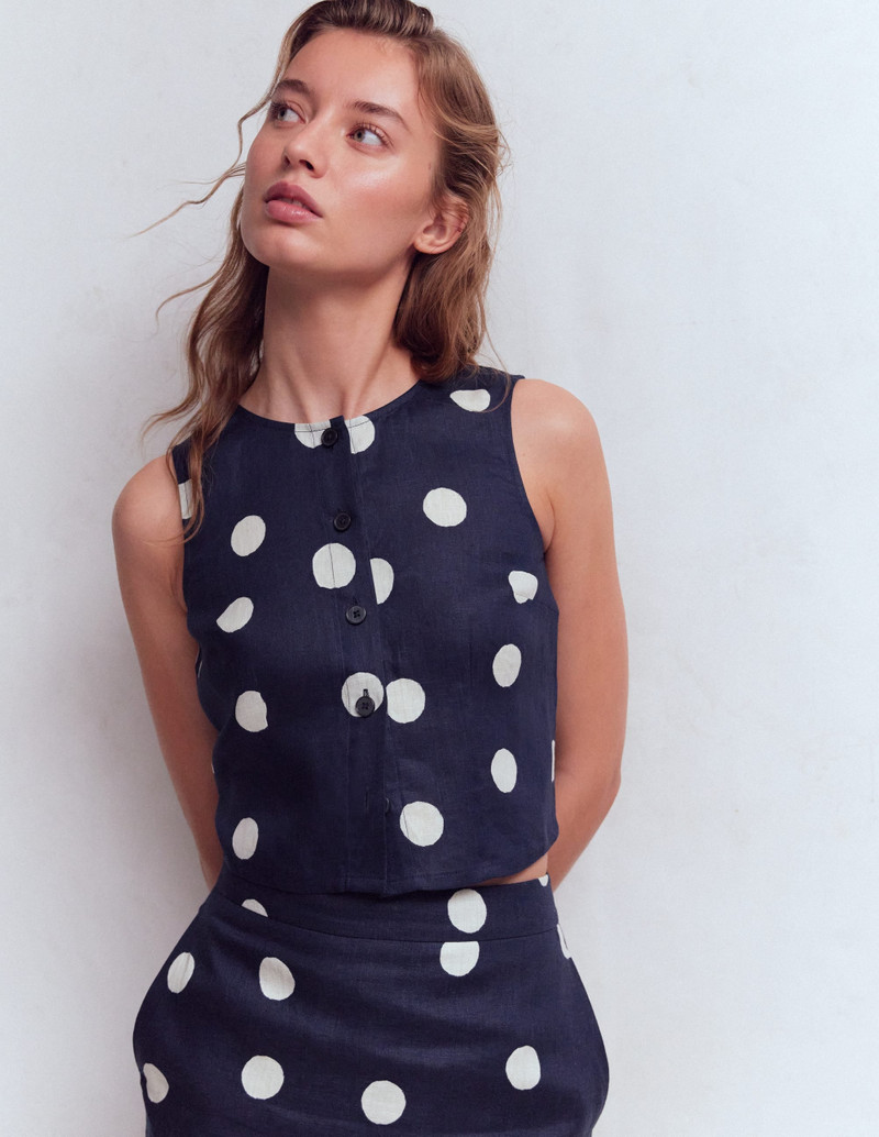 BODEN Andrea Linen Shell Top-French Navy, Painted Dot outlook
