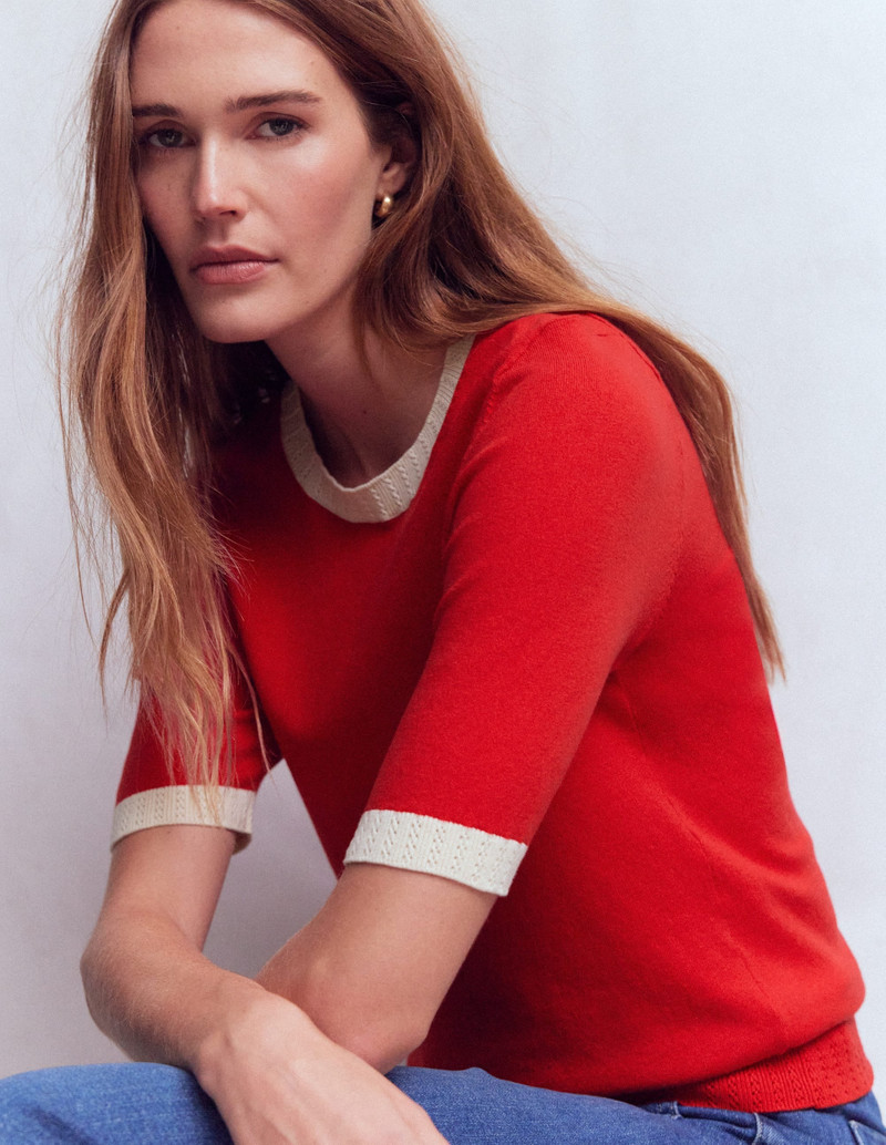 Emilia Cotton Crew T-shirt-Merida Red, Ivory - 1