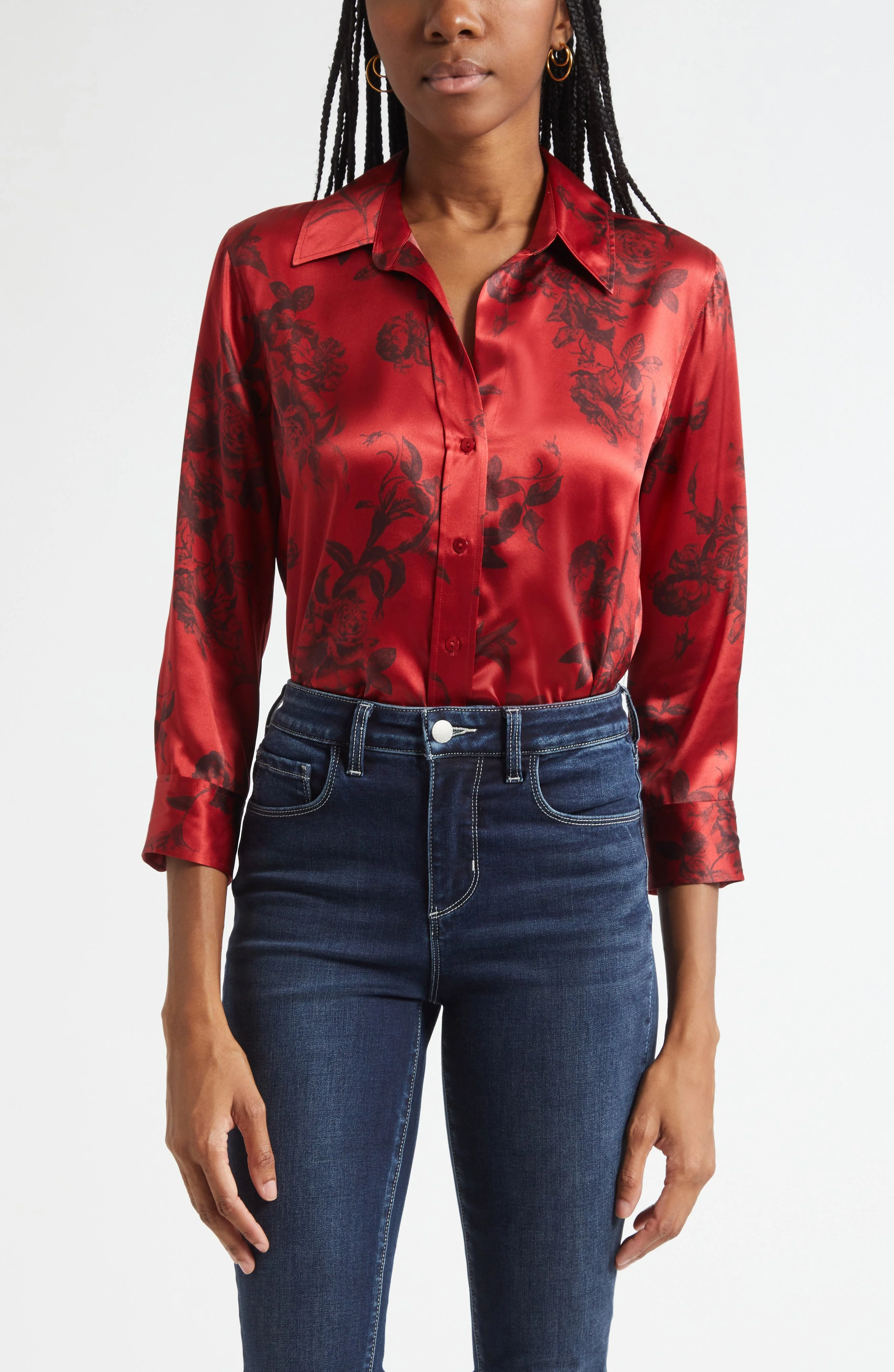 L'AGENCE Dani Floral Print Silk Button-Up Shirt in Painterfly Flower at Nordstrom - 1