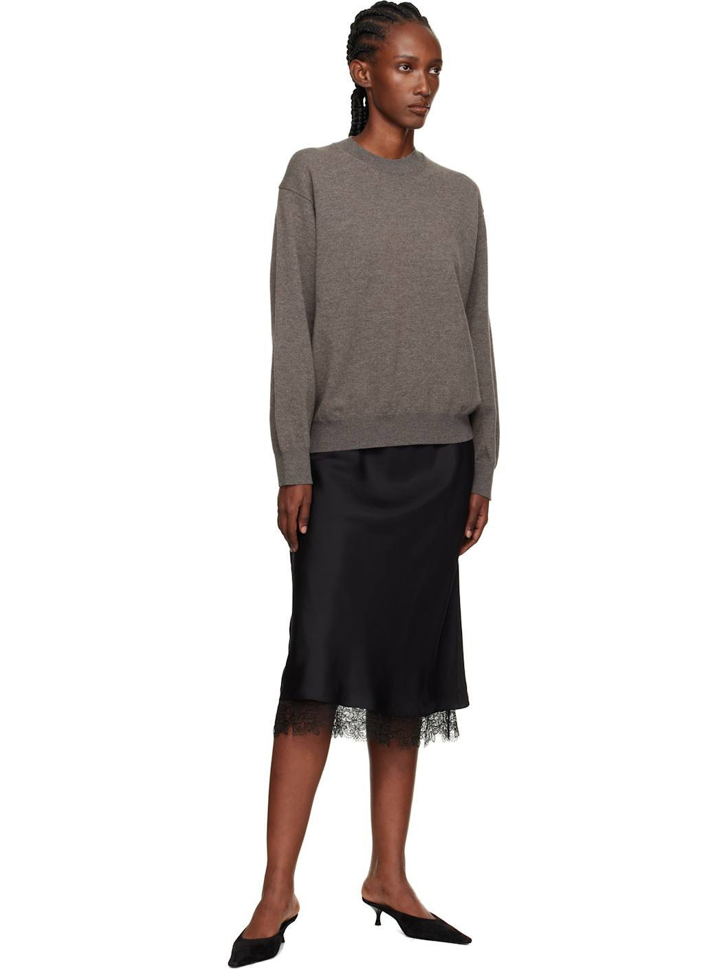 Black Lace-Trimmed Silk Midi Skirt - 4