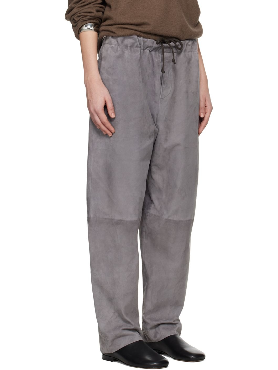Gray Ed Unlined Drawstring Lamb Suede Trousers - 2