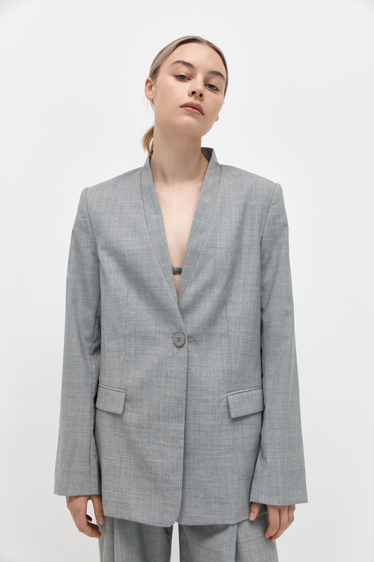 Shawl Collar Blazer - Grey - 1