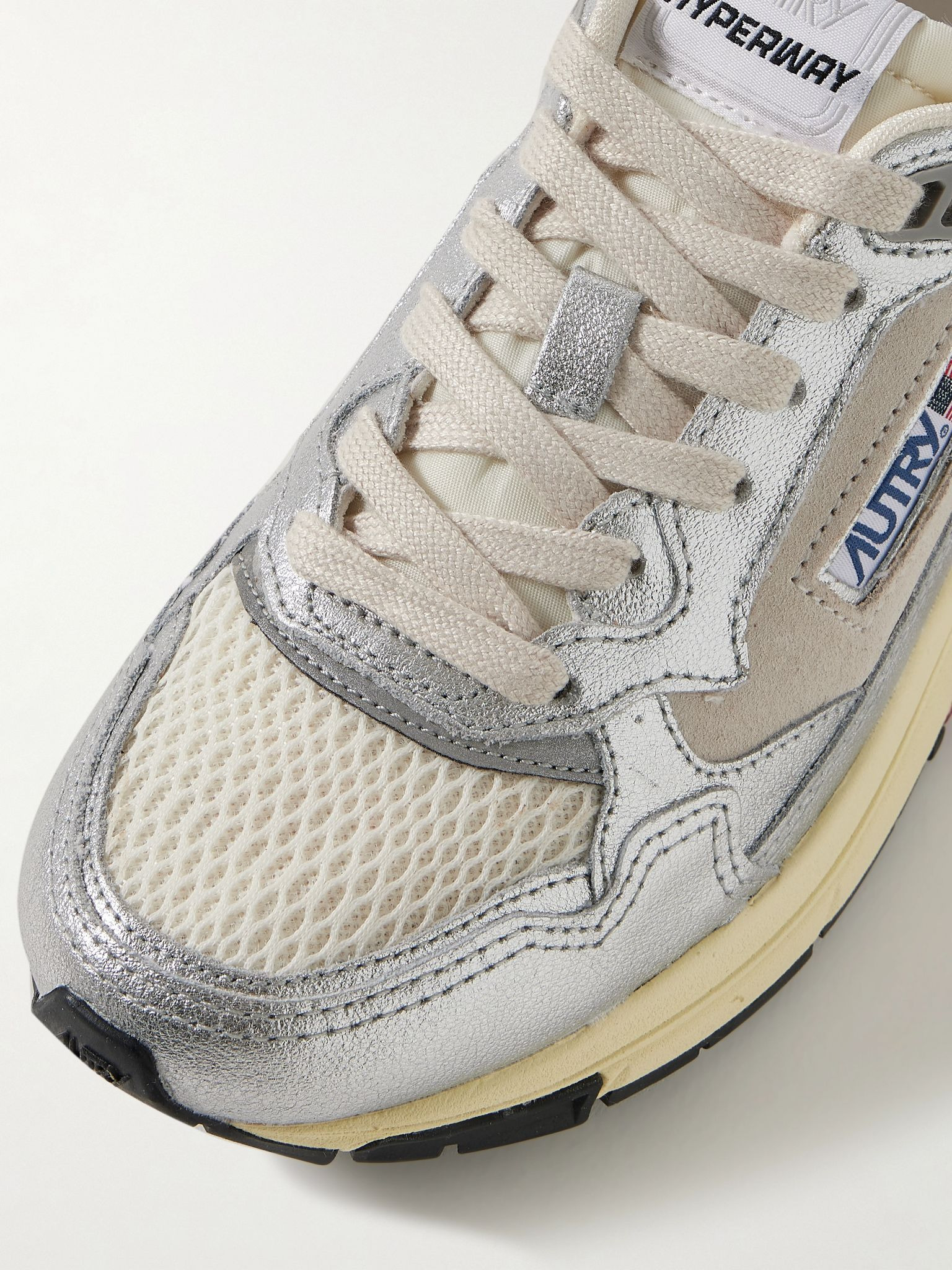 Hyperway Low mesh and suede-trimmed metallic leather sneakers Silver - 4