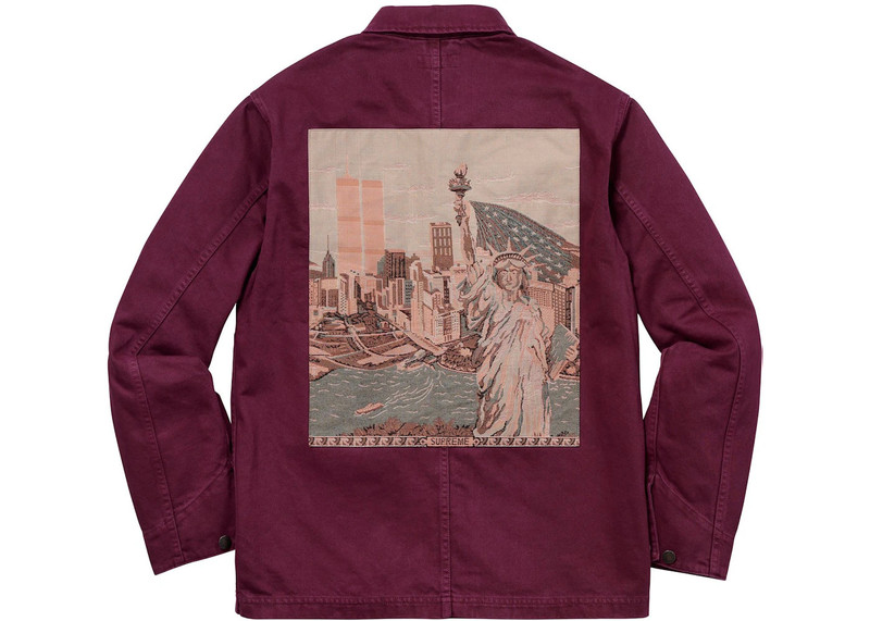 Supreme Supreme NY Tapestry Denim Chore Coat Maroon outlook
