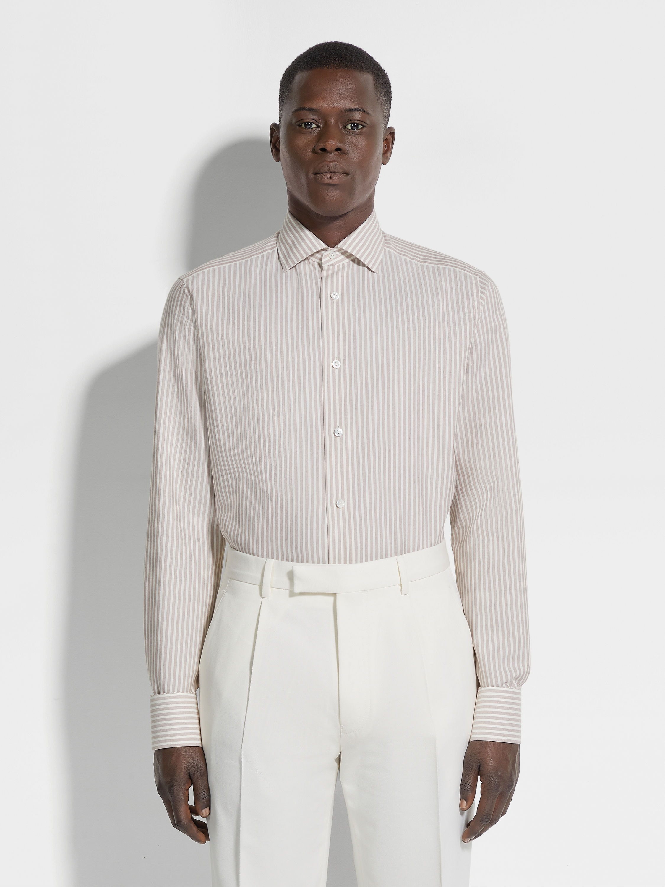 WHITE AND DARK PURPLE MACRO-STRIPED SILK COTTON AND CASHMERE SHIRT - 3