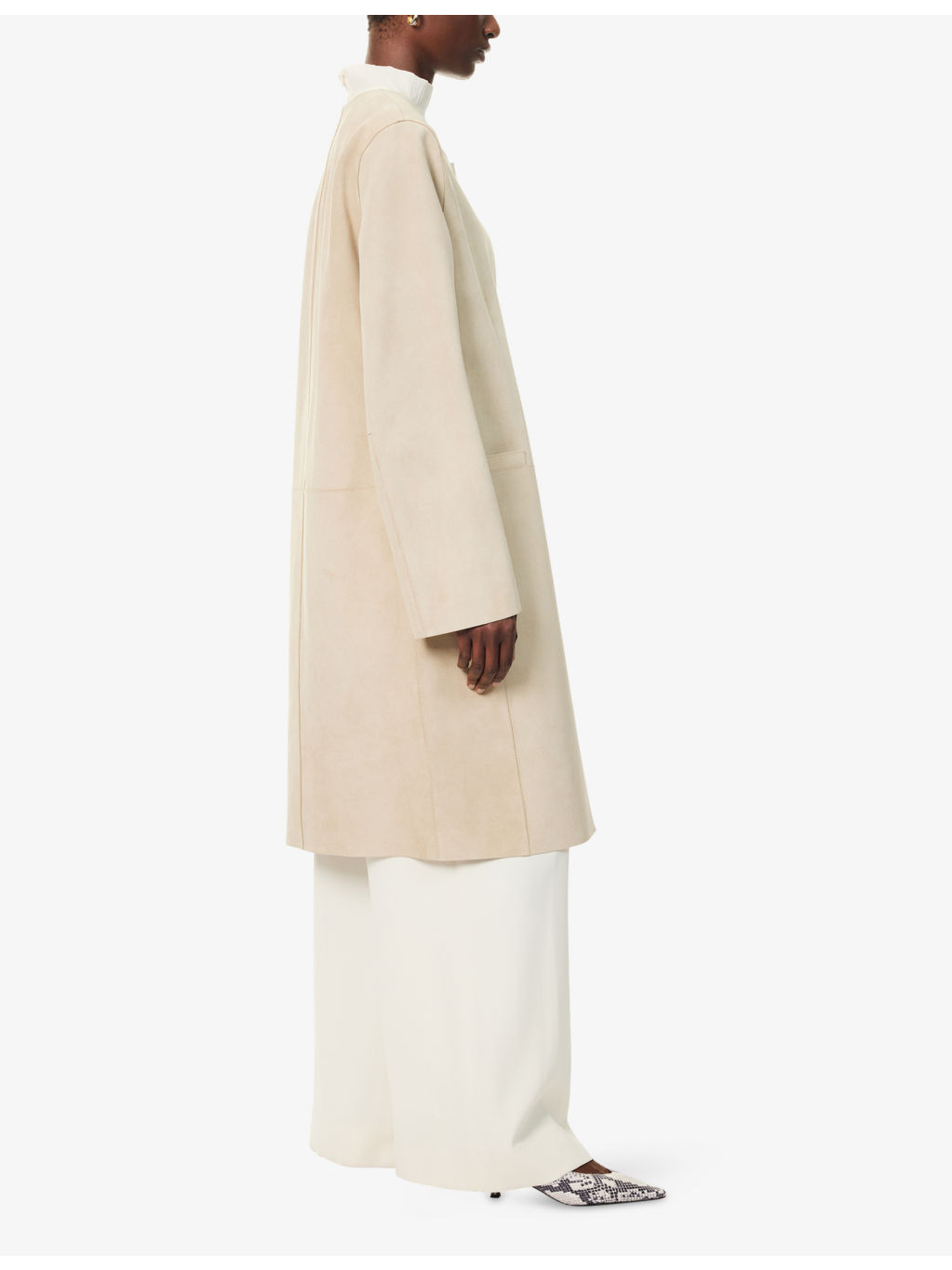 Collarless Relaxed-Fit Suede Coat - 3