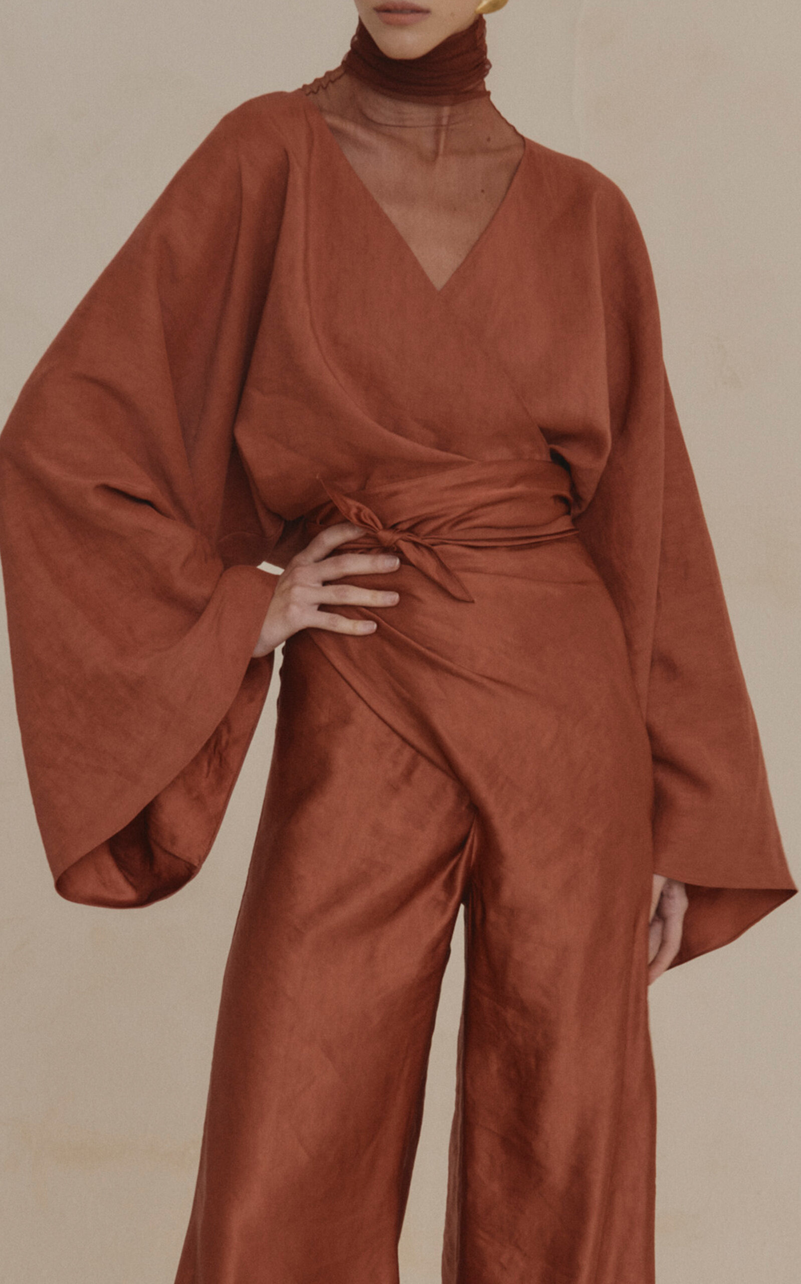 Glow Linen-Blend Wide-Leg Wrap Pants red - 5