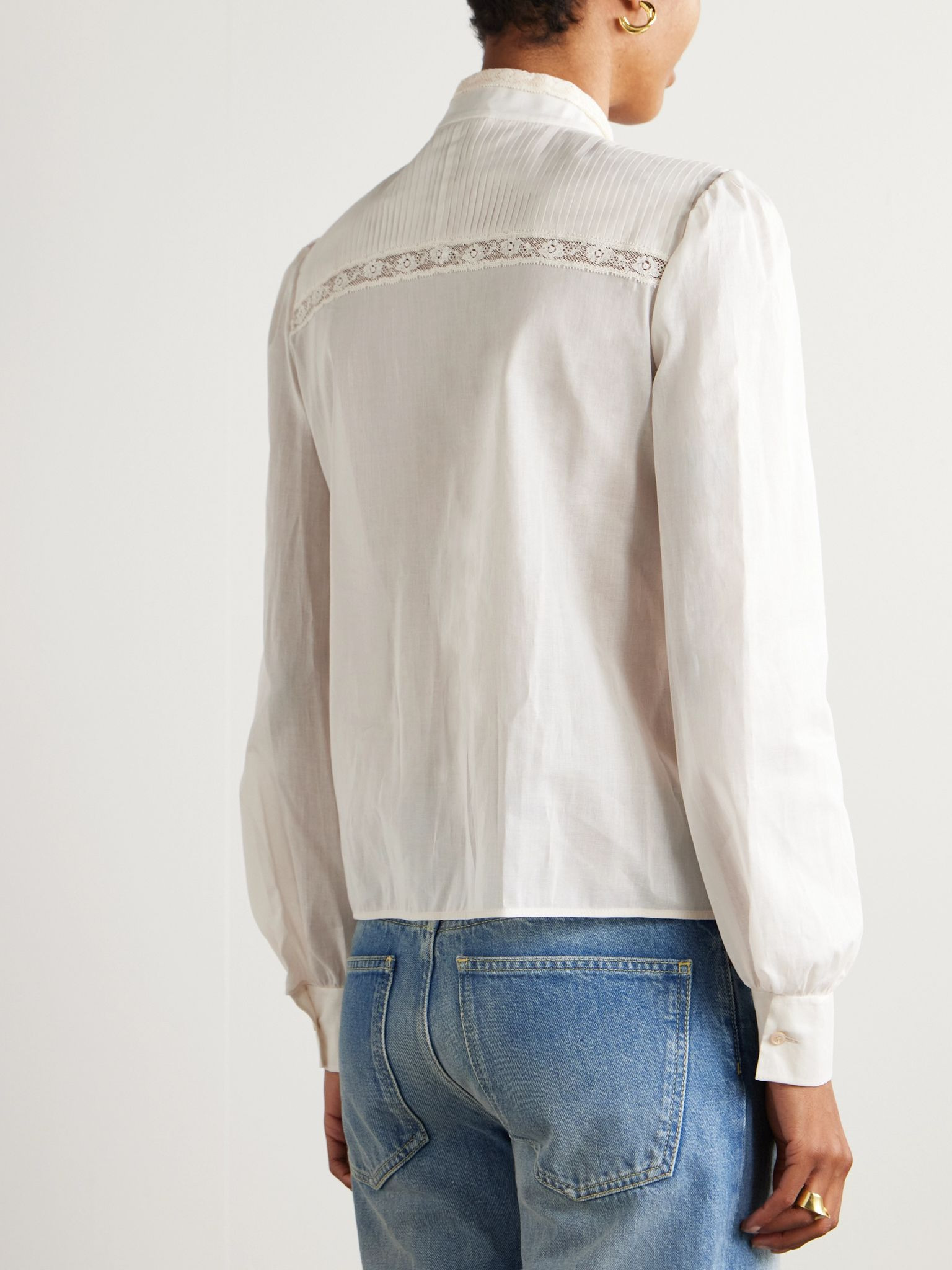 Lace-trimmed pintucked cotton-poplin shirt White - 4